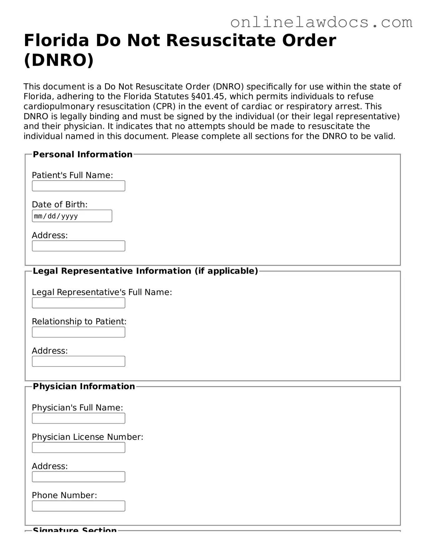 Legal  Do Not Resuscitate Order Document for Florida