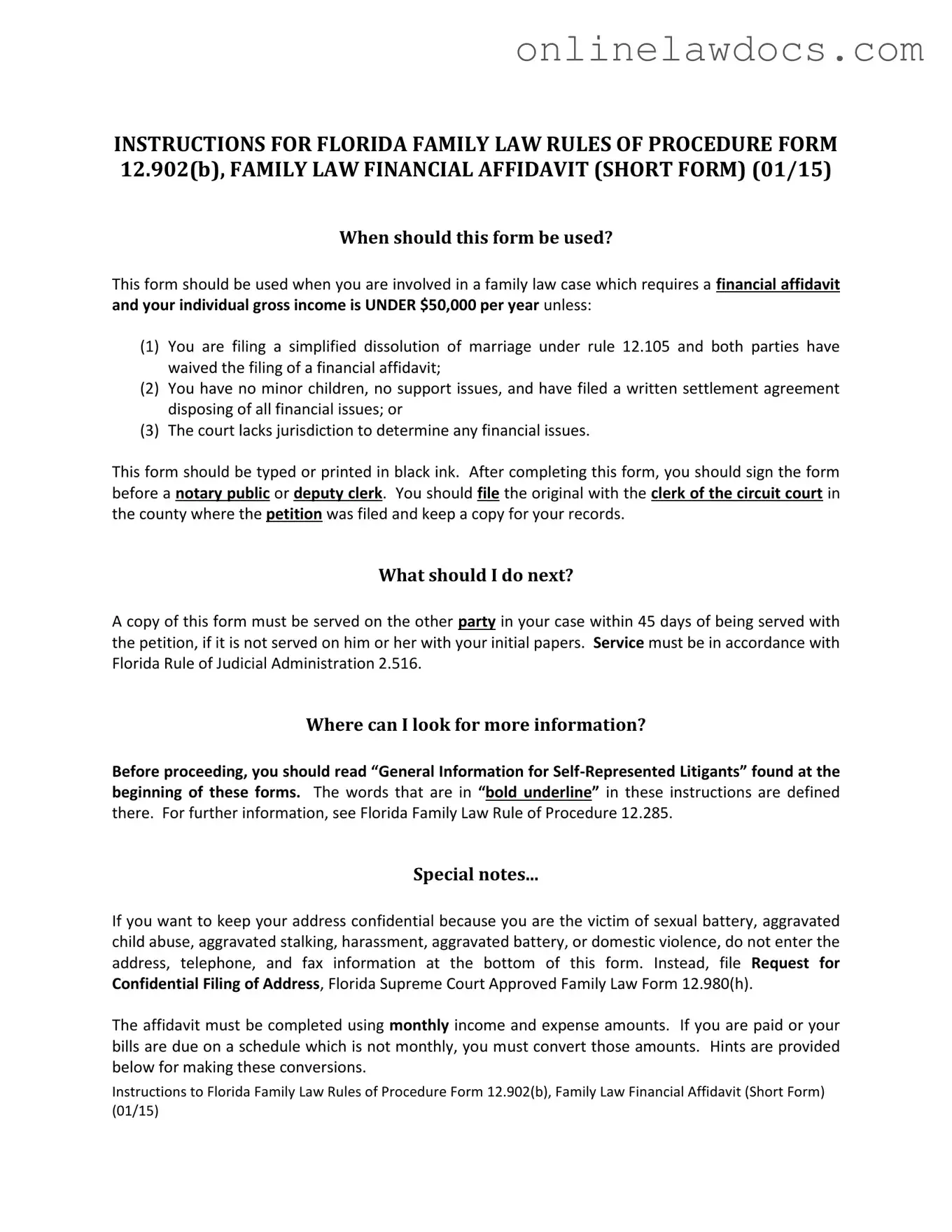 Fill a Valid Florida Financial Affidavit Short 12.902(b) Form