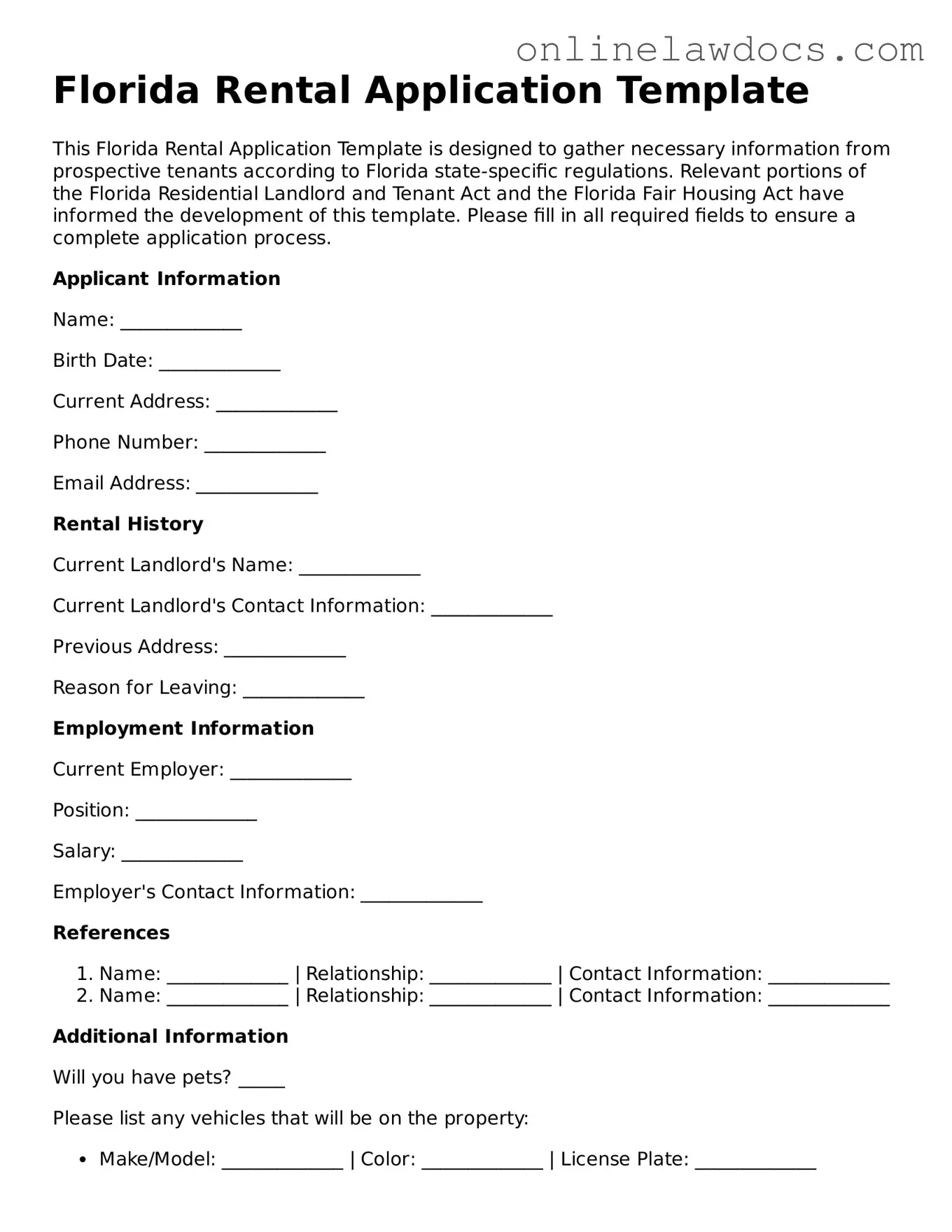 Legal  Rental Application Document for Florida
