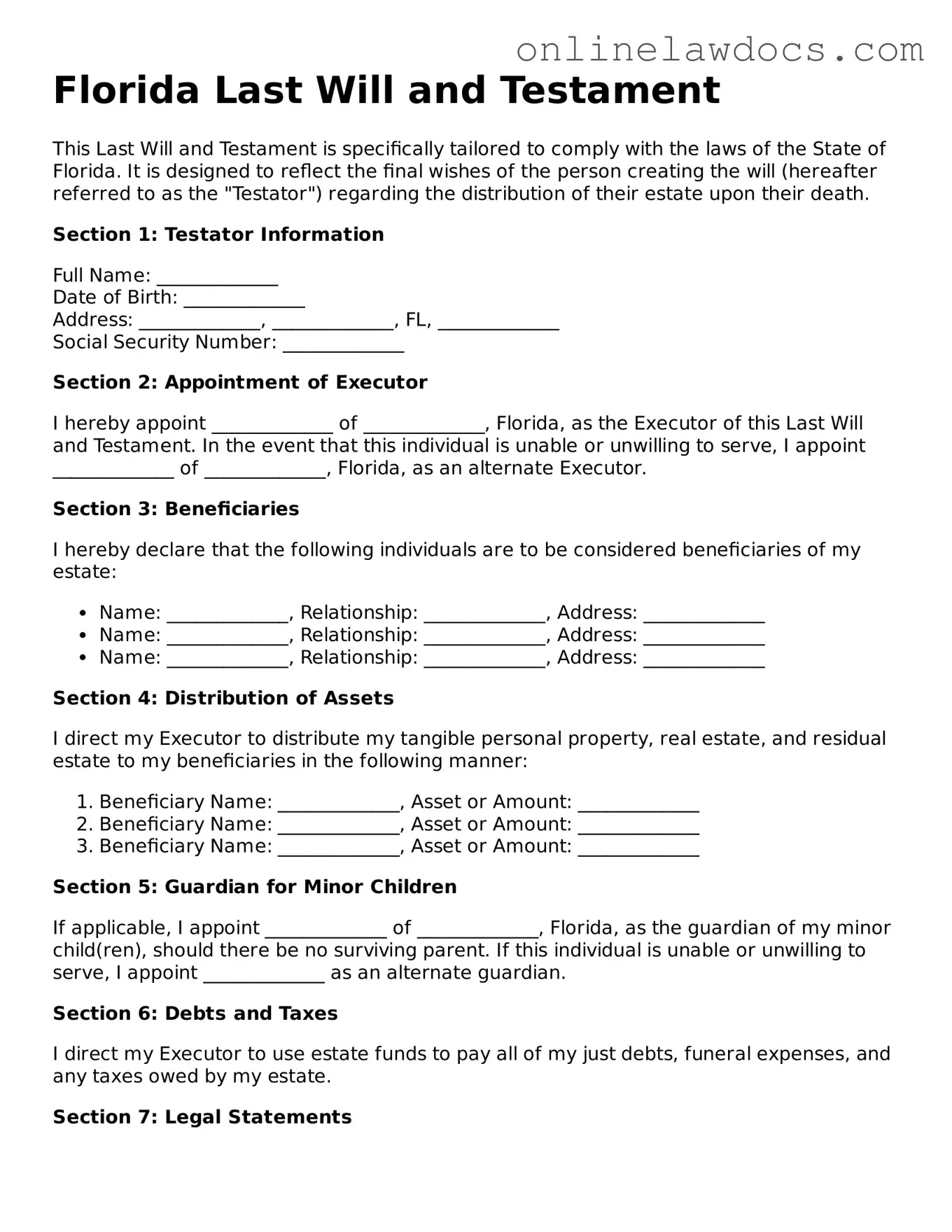Legal  Last Will and Testament Document for Florida