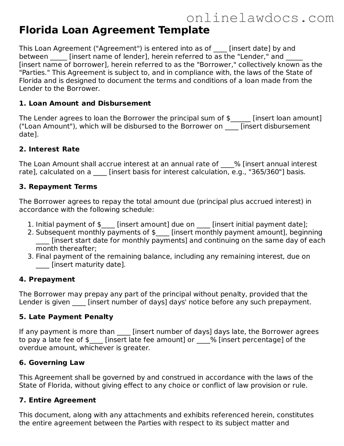 Legal  Loan Agreement Document for Florida