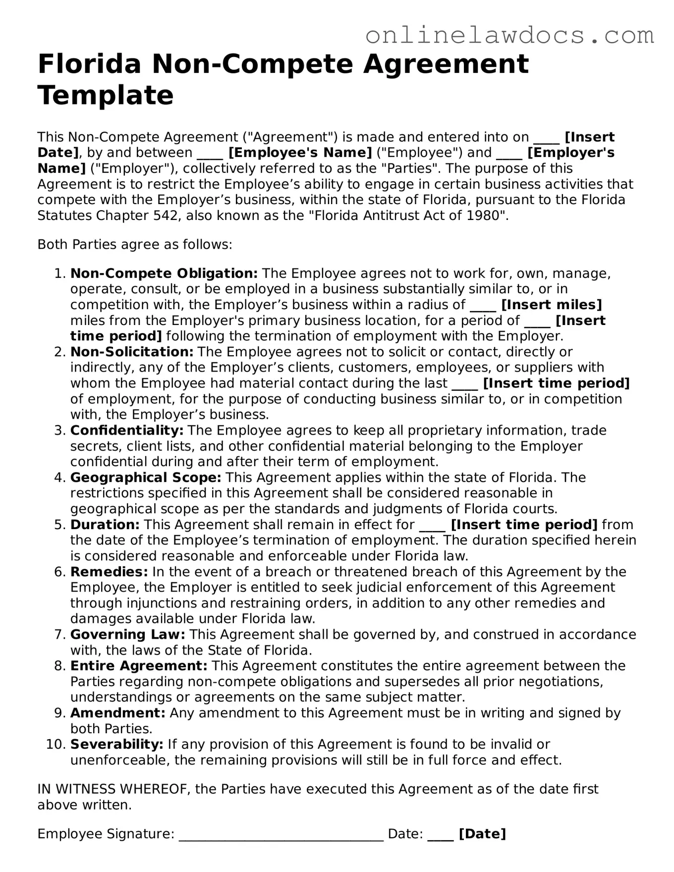 Legal  Non-compete Agreement Document for Florida