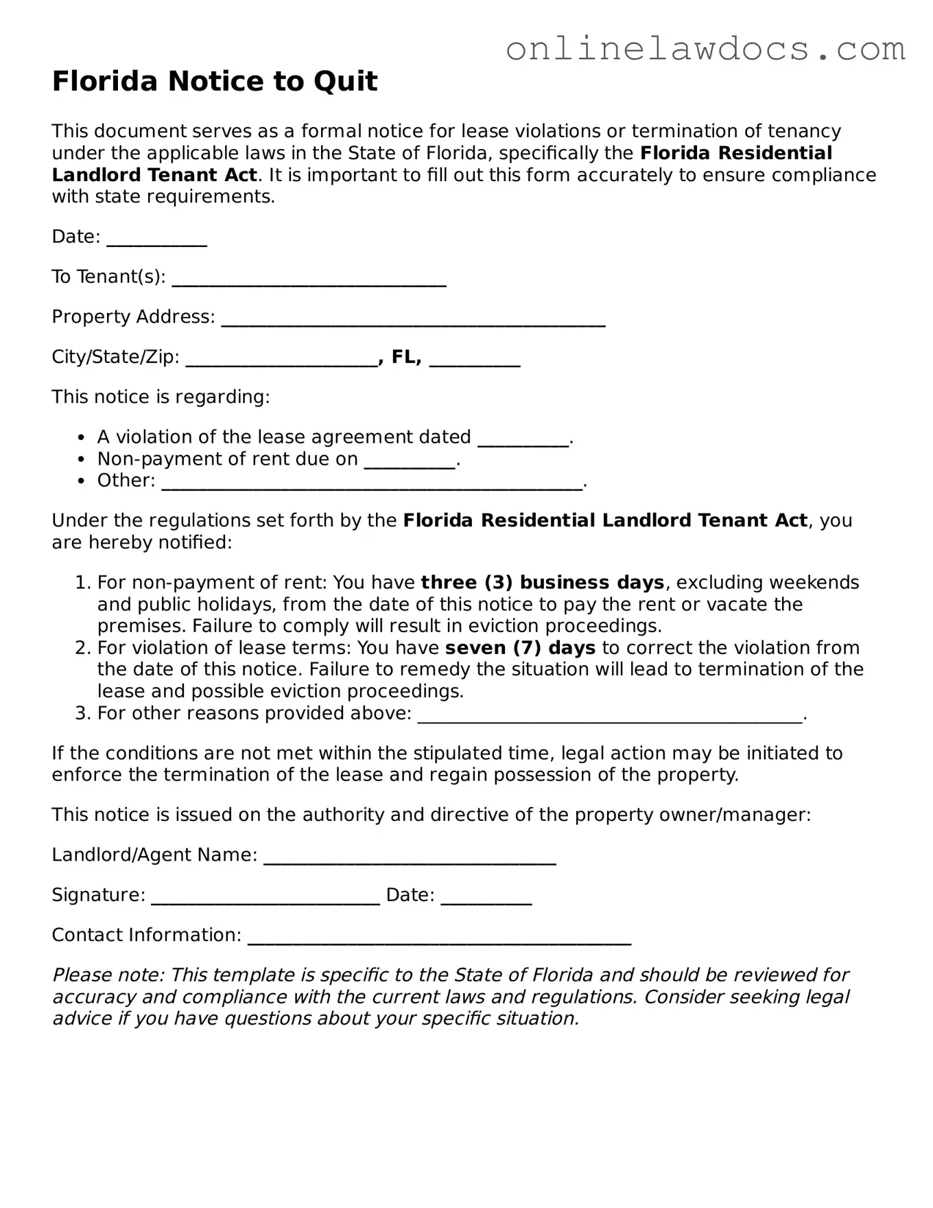 Legal  Notice to Quit Document for Florida