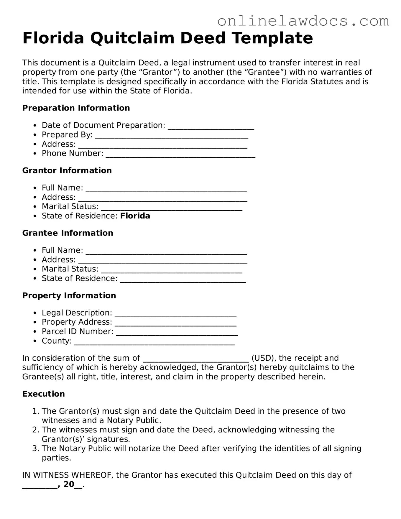 Legal  Quitclaim Deed Document for Florida