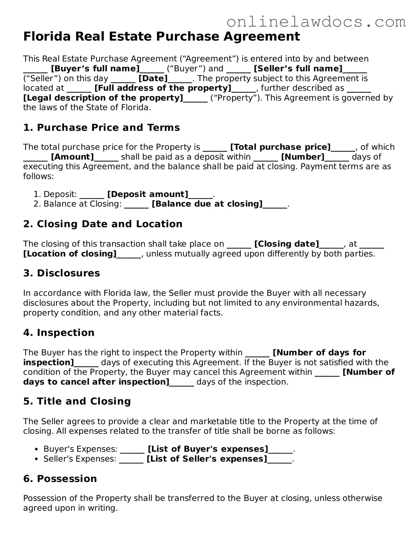 Legal  Real Estate Purchase Agreement Document for Florida