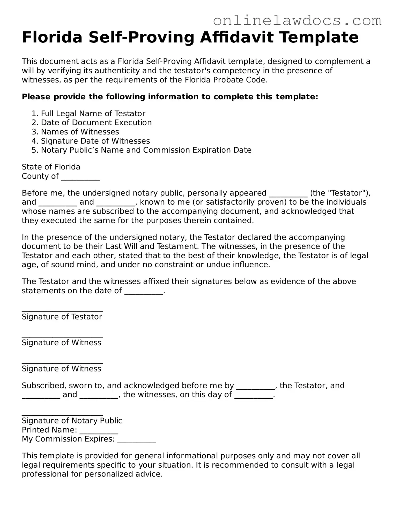 Legal  Self-Proving Affidavit Document for Florida