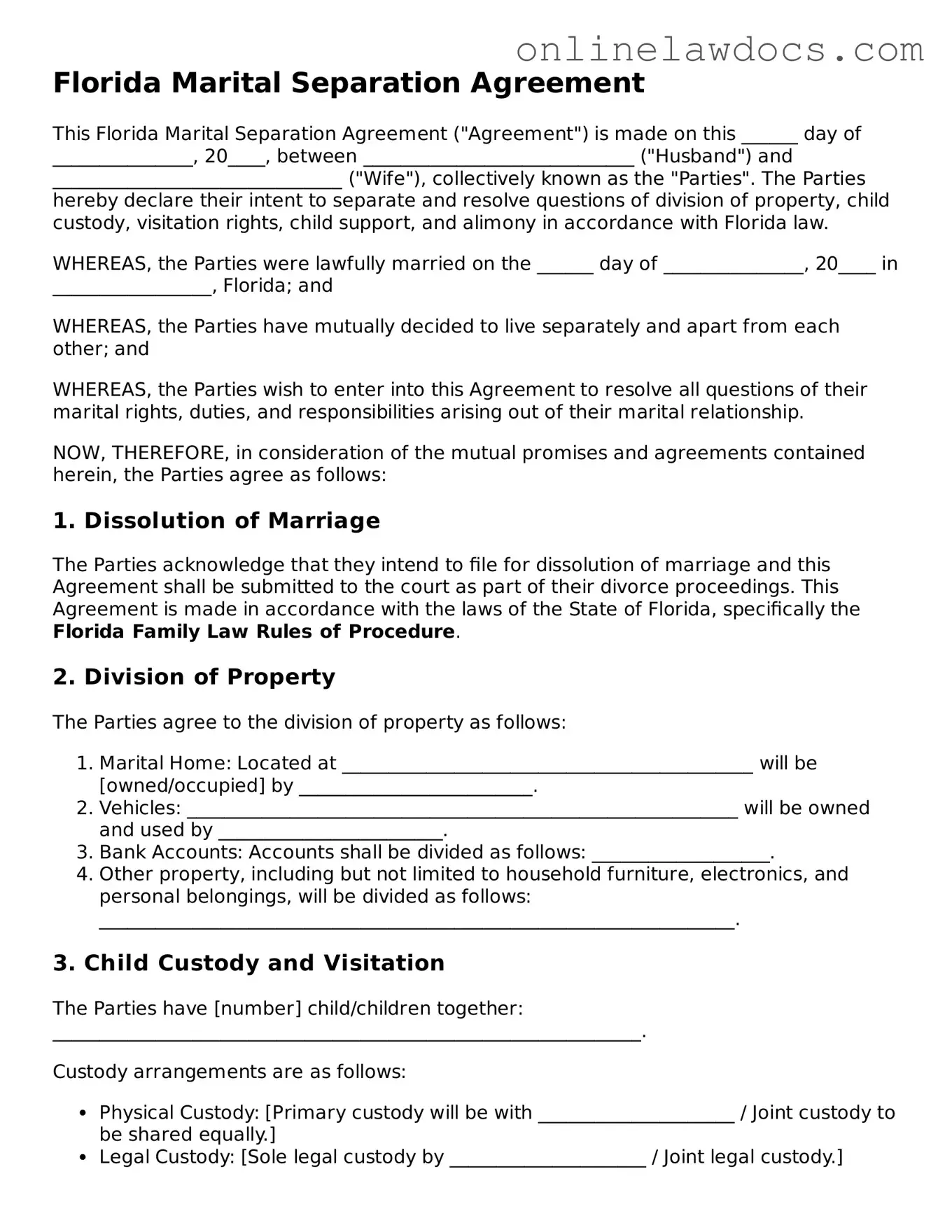 Legal  Marital Separation Agreement Document for Florida