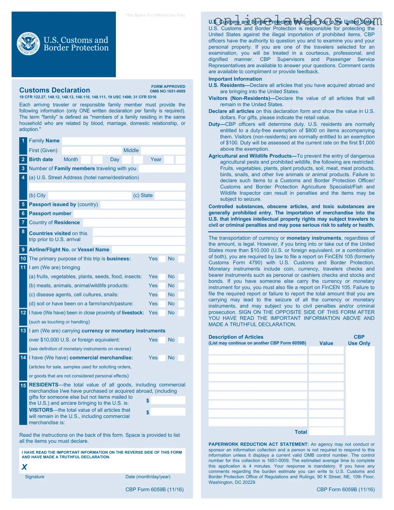 Fill a Valid CBP 6059B Form
