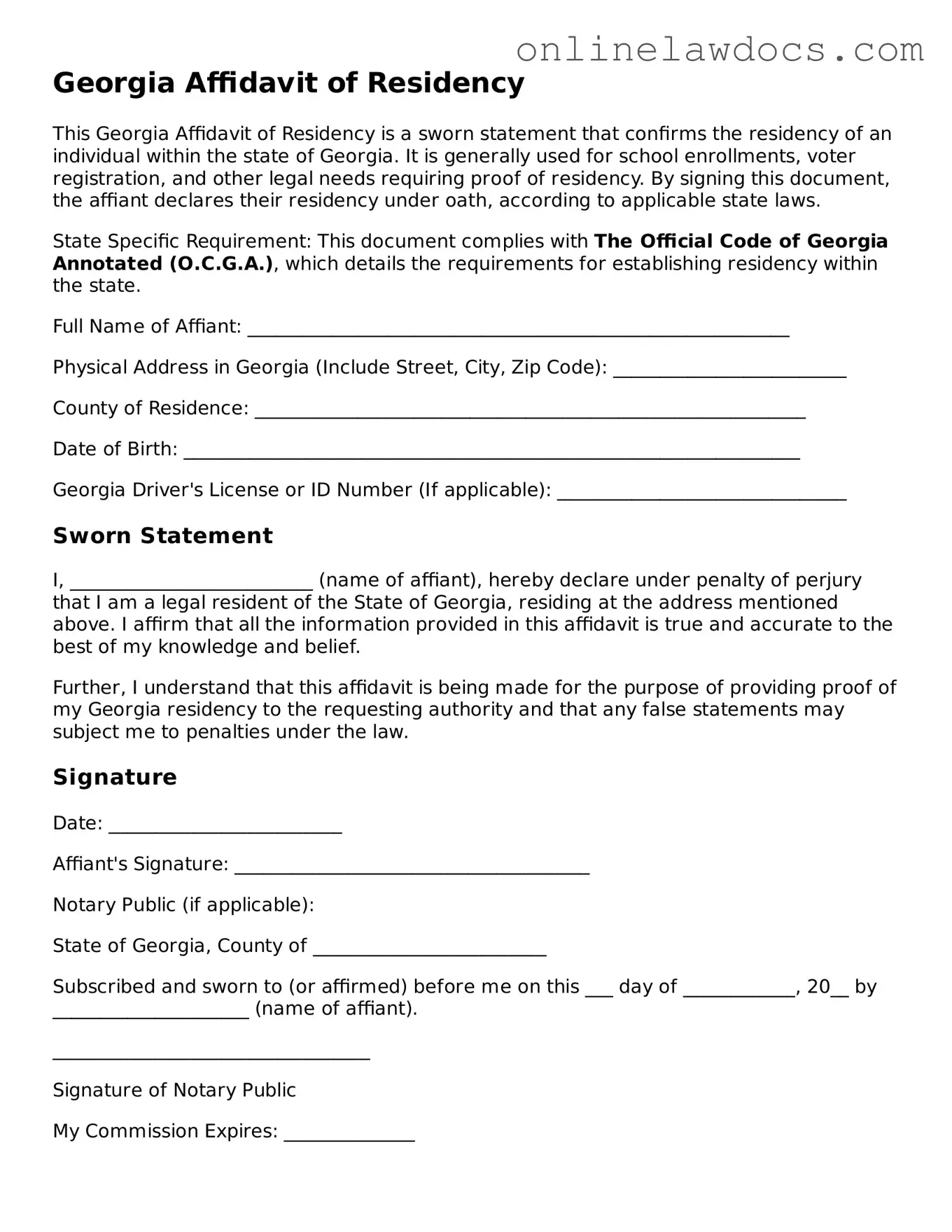 Legal  Affidavit of Residency Document for Georgia