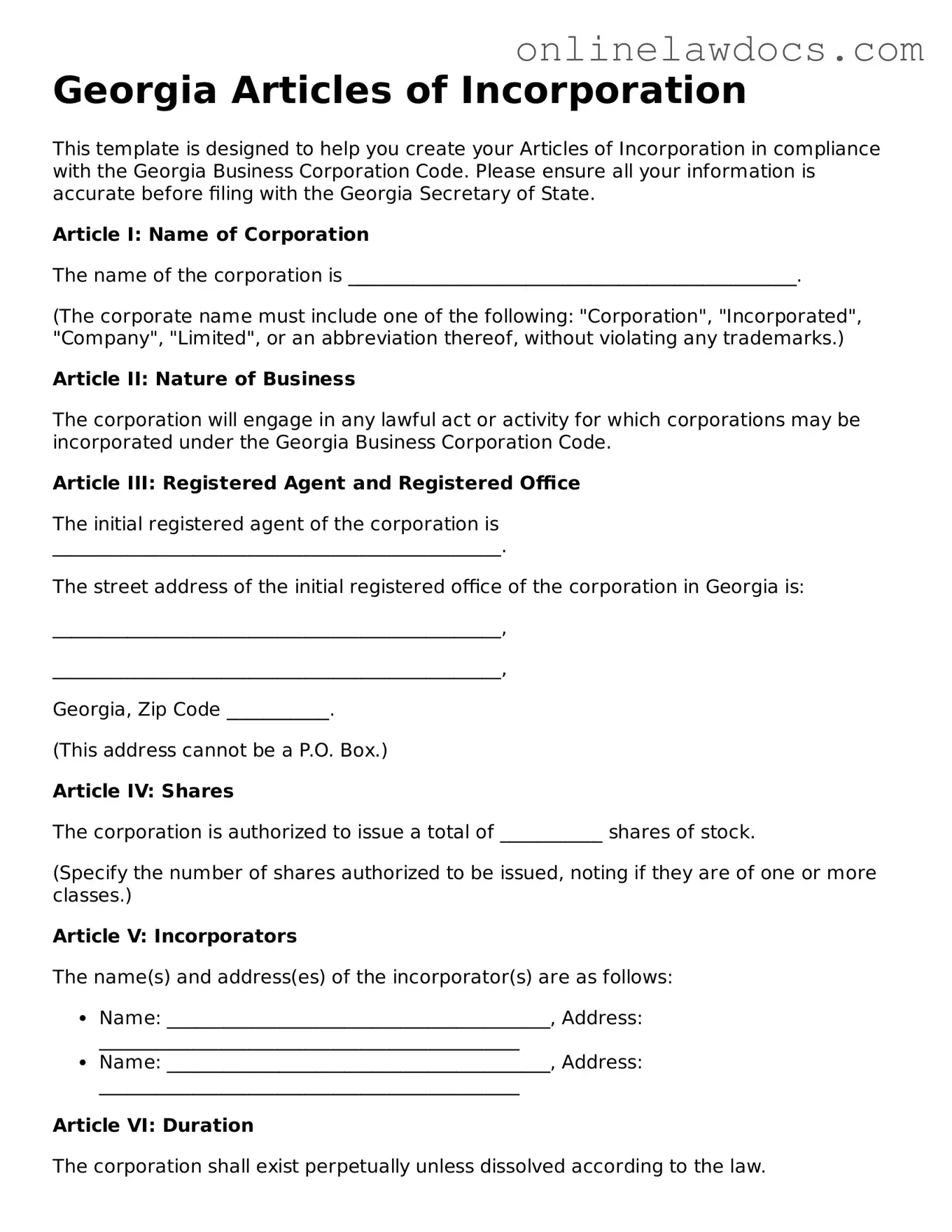 Legal  Articles of Incorporation Document for Georgia
