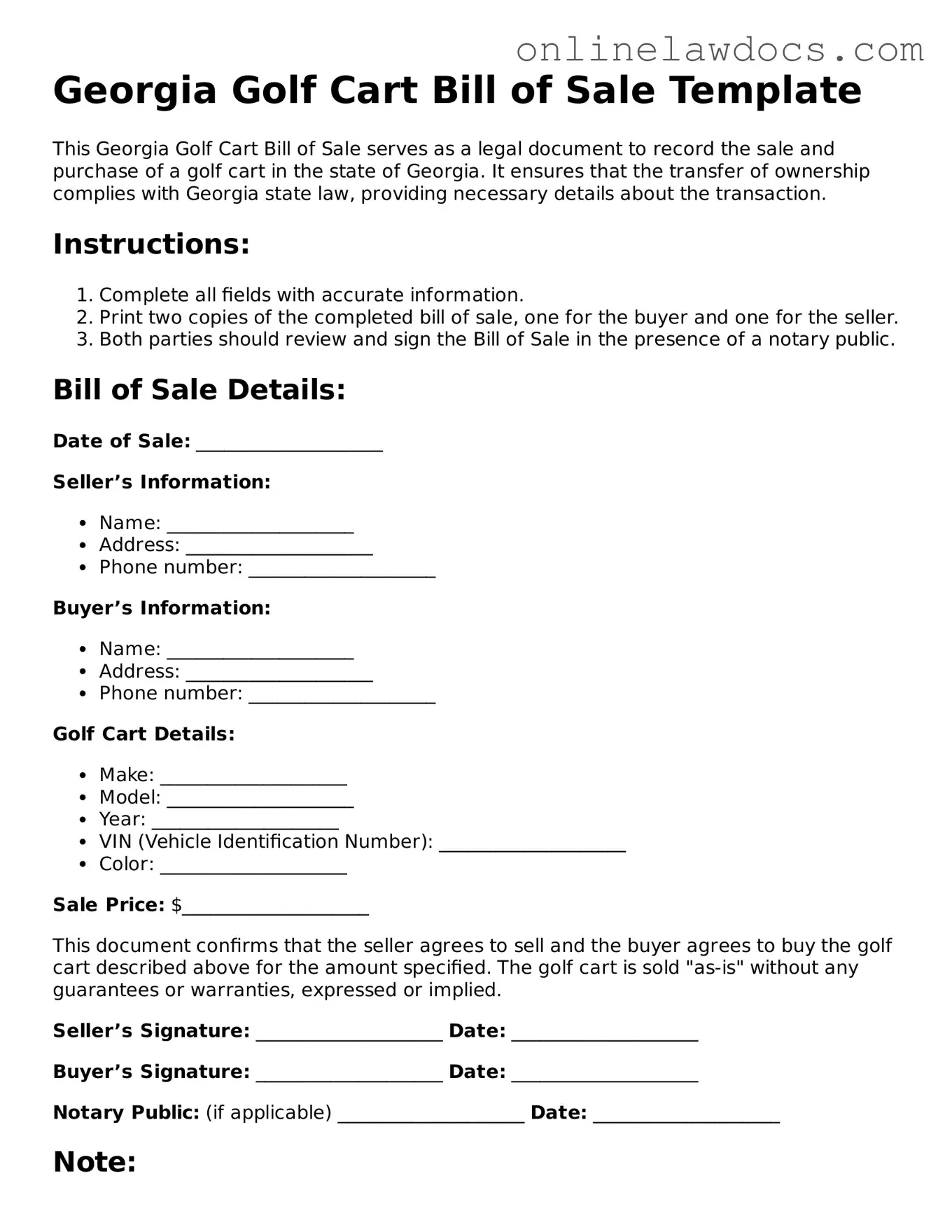 Legal  Golf Cart Bill of Sale Document for Georgia