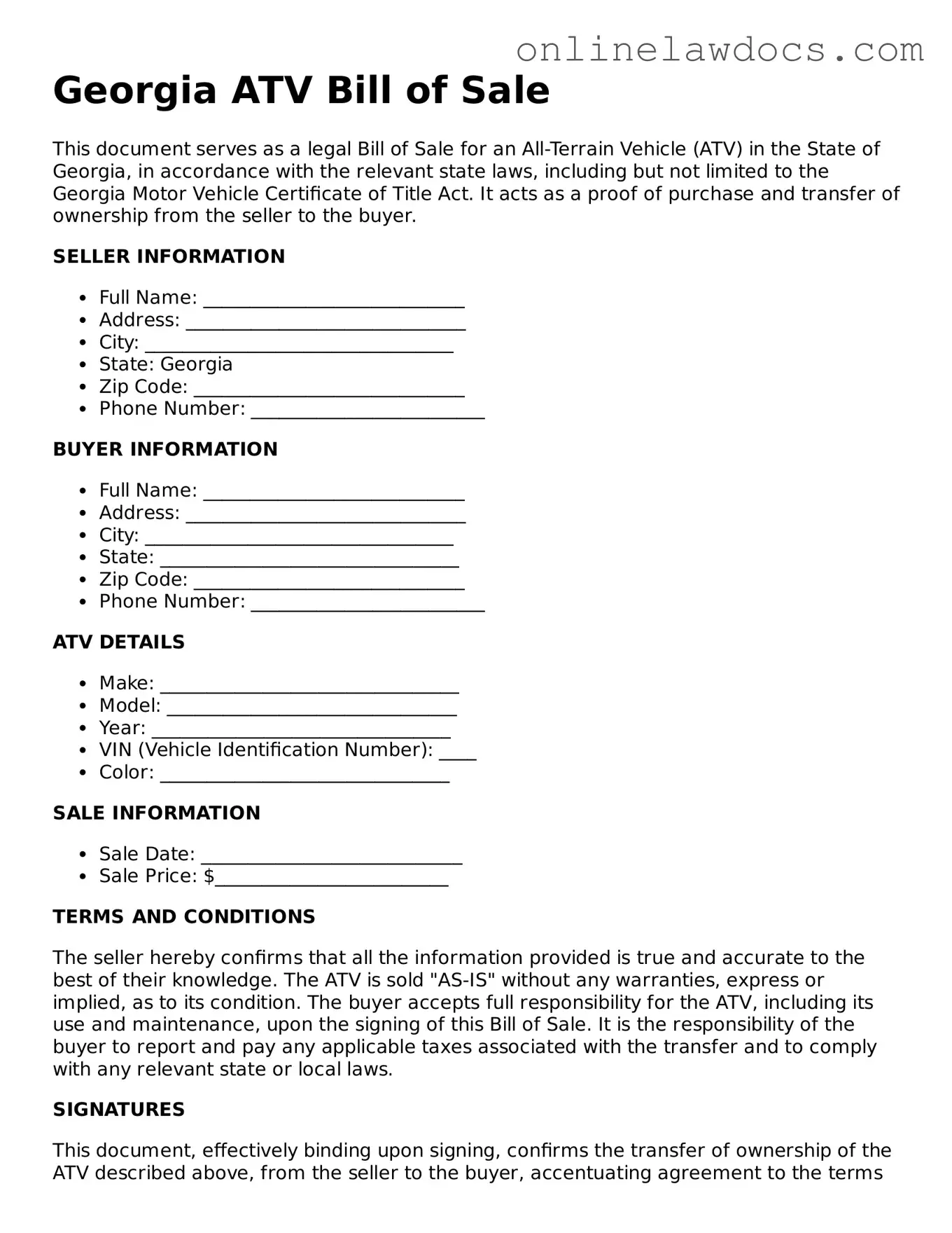 Legal  ATV Bill of Sale Document for Georgia