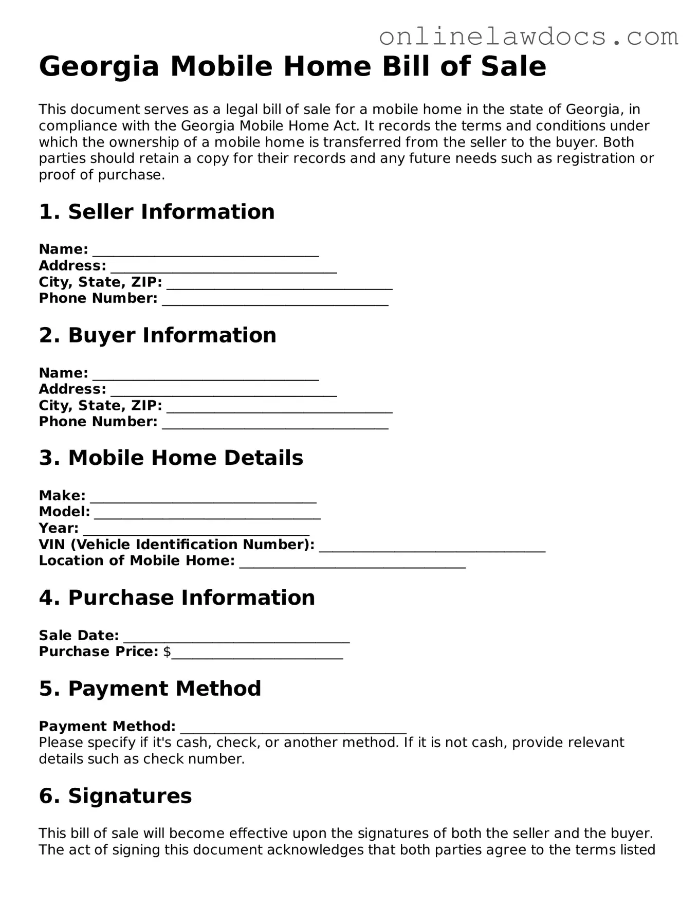 Legal  Mobile Home Bill of Sale Document for Georgia