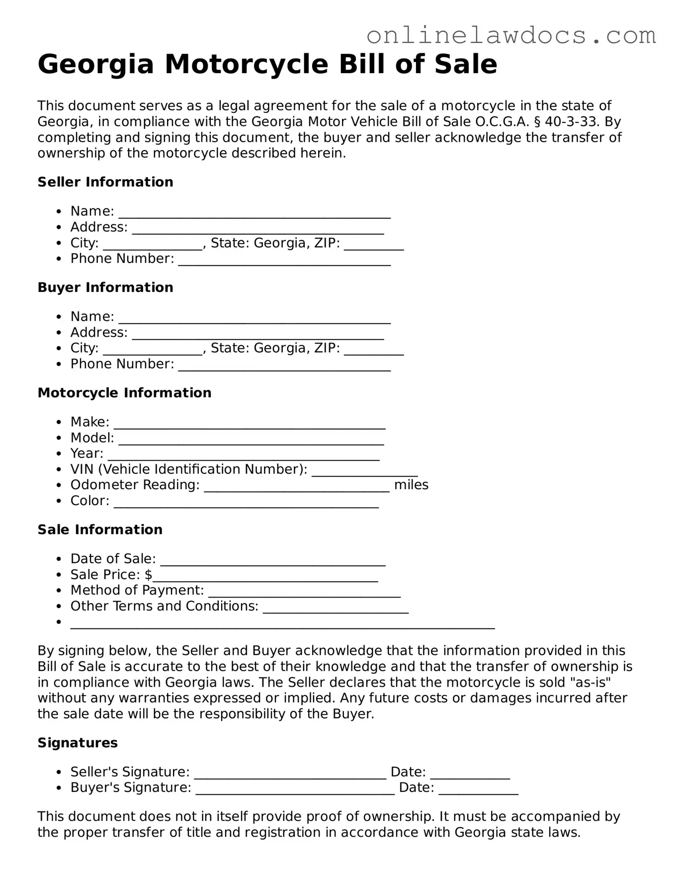 Legal  Motorcycle Bill of Sale Document for Georgia