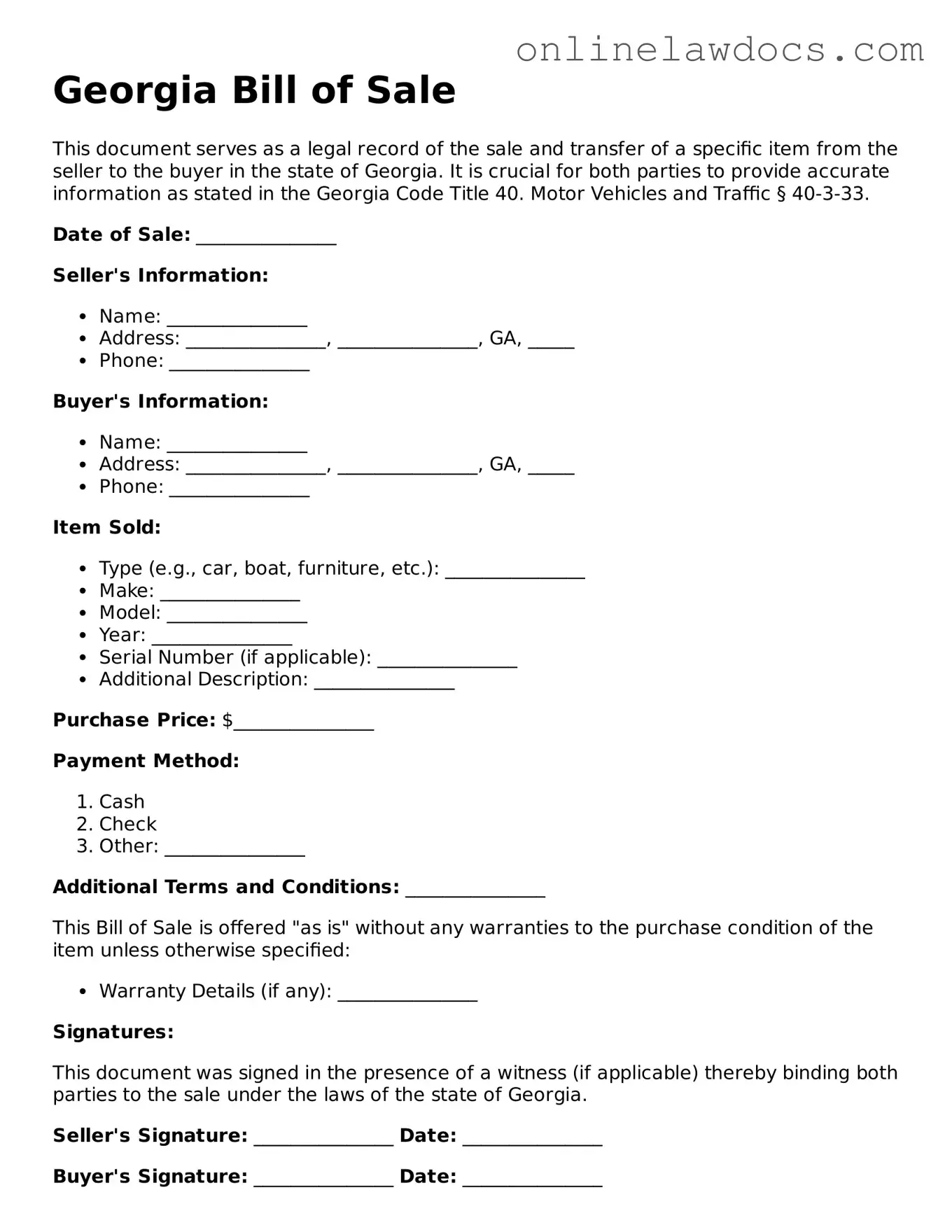 Legal  Bill of Sale Document for Georgia