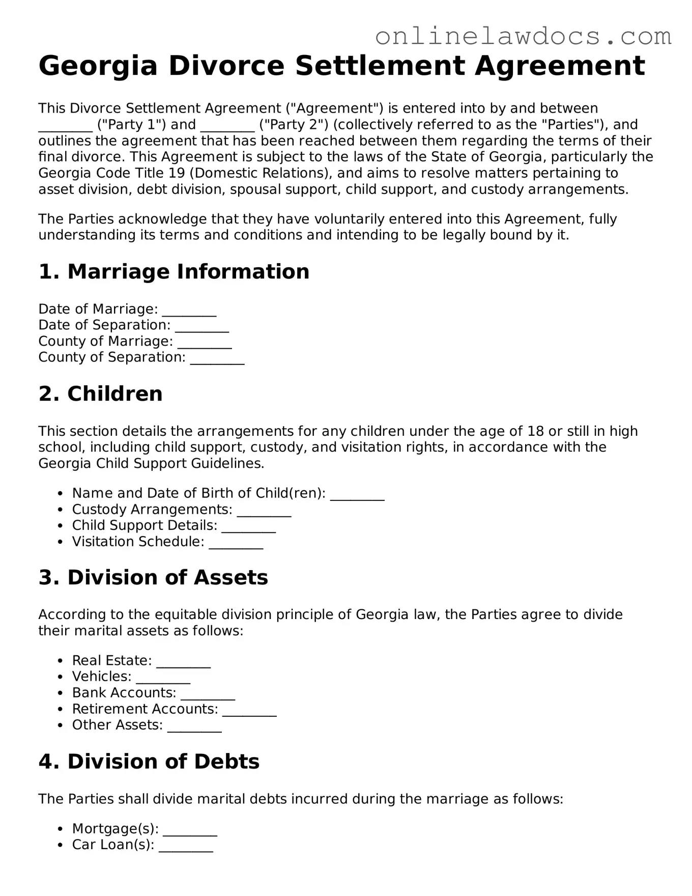 Legal  Divorce Settlement Agreement Document for Georgia