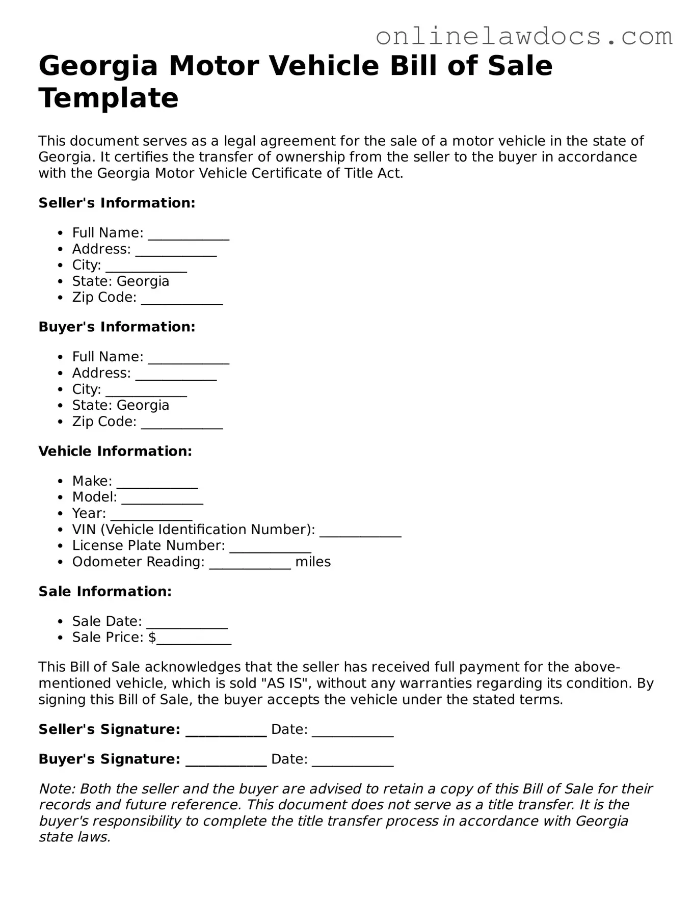 Legal  Motor Vehicle Bill of Sale Document for Georgia