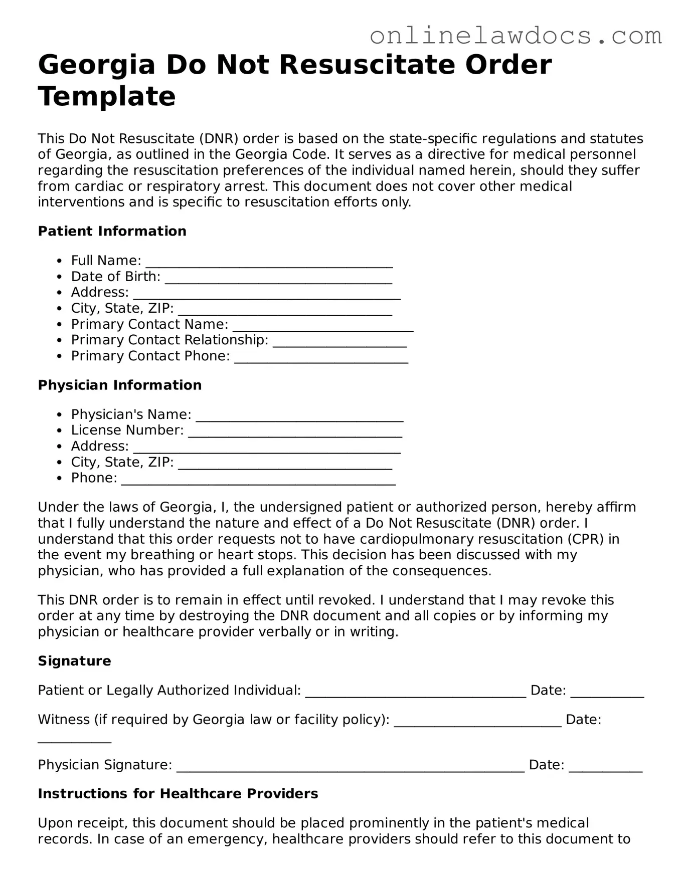 Legal  Do Not Resuscitate Order Document for Georgia