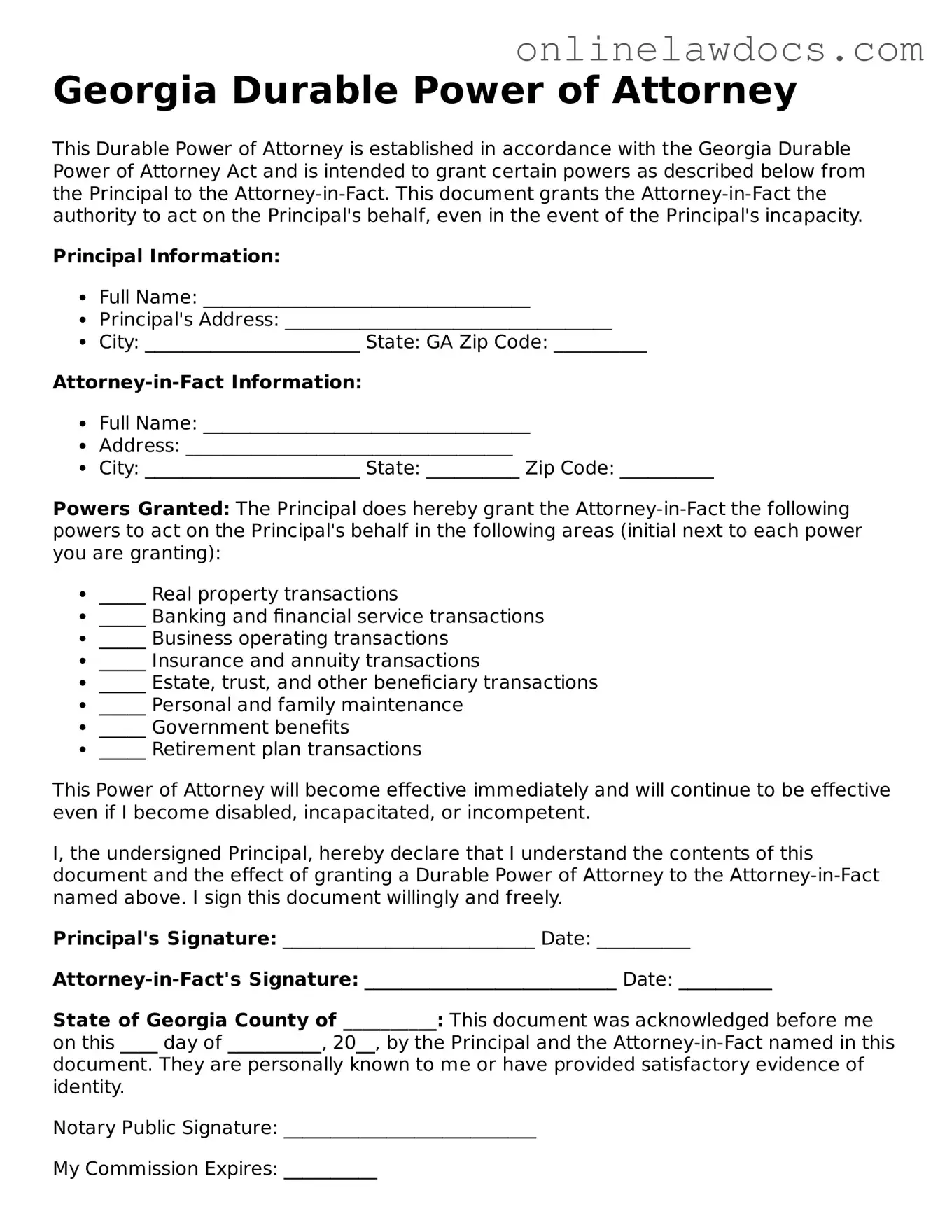 Legal  Durable Power of Attorney Document for Georgia