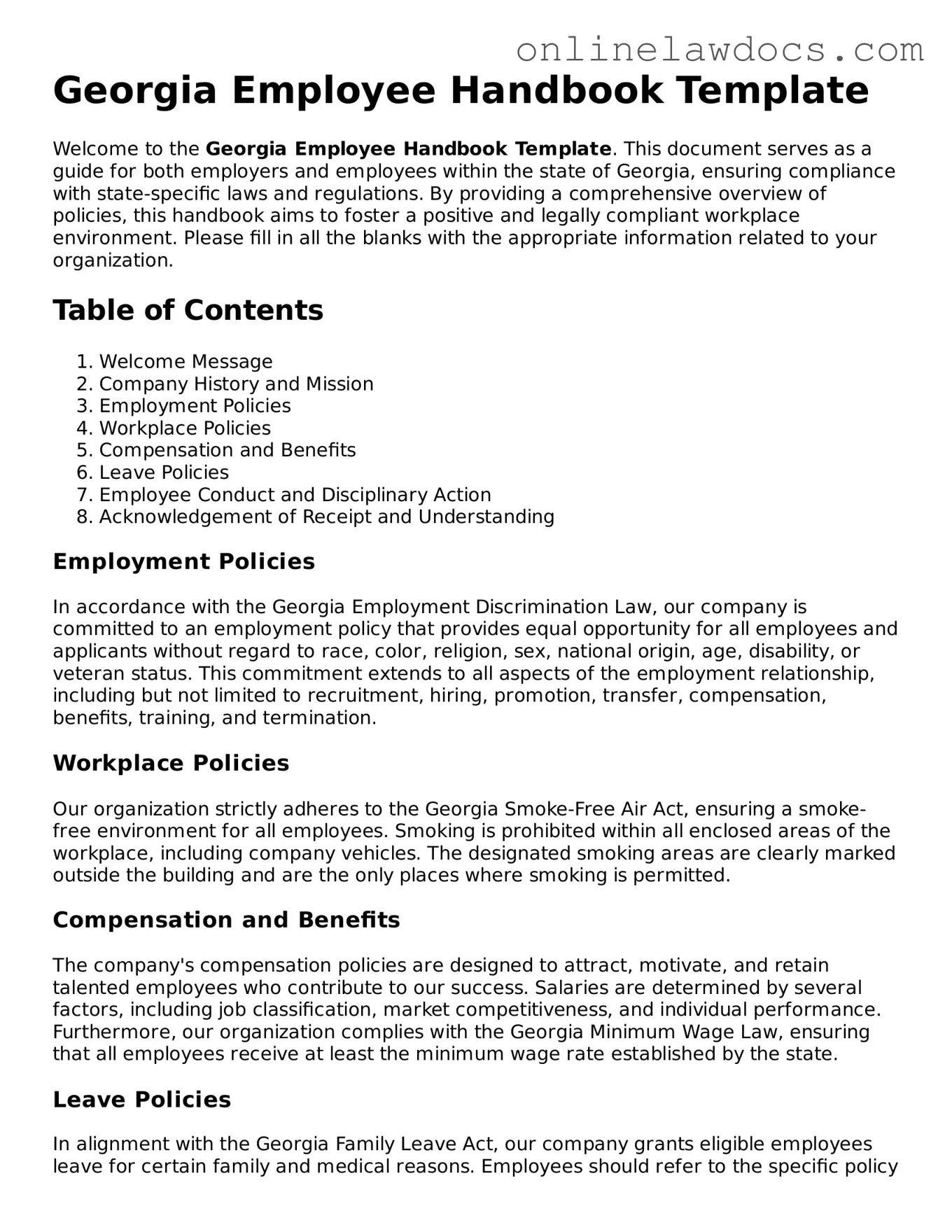 Legal  Employee Handbook Document for Georgia
