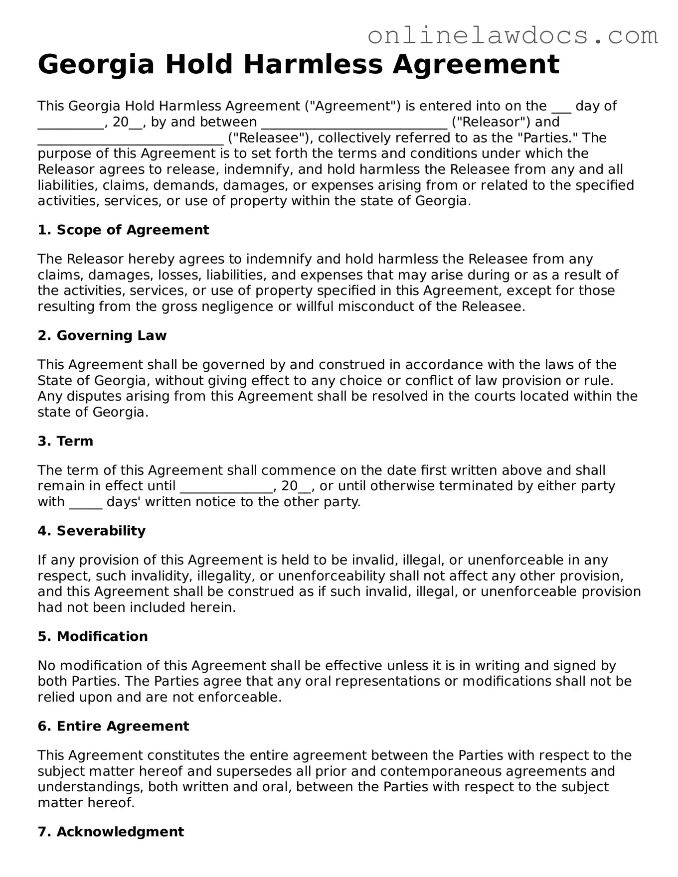 Legal  Hold Harmless Agreement Document for Georgia