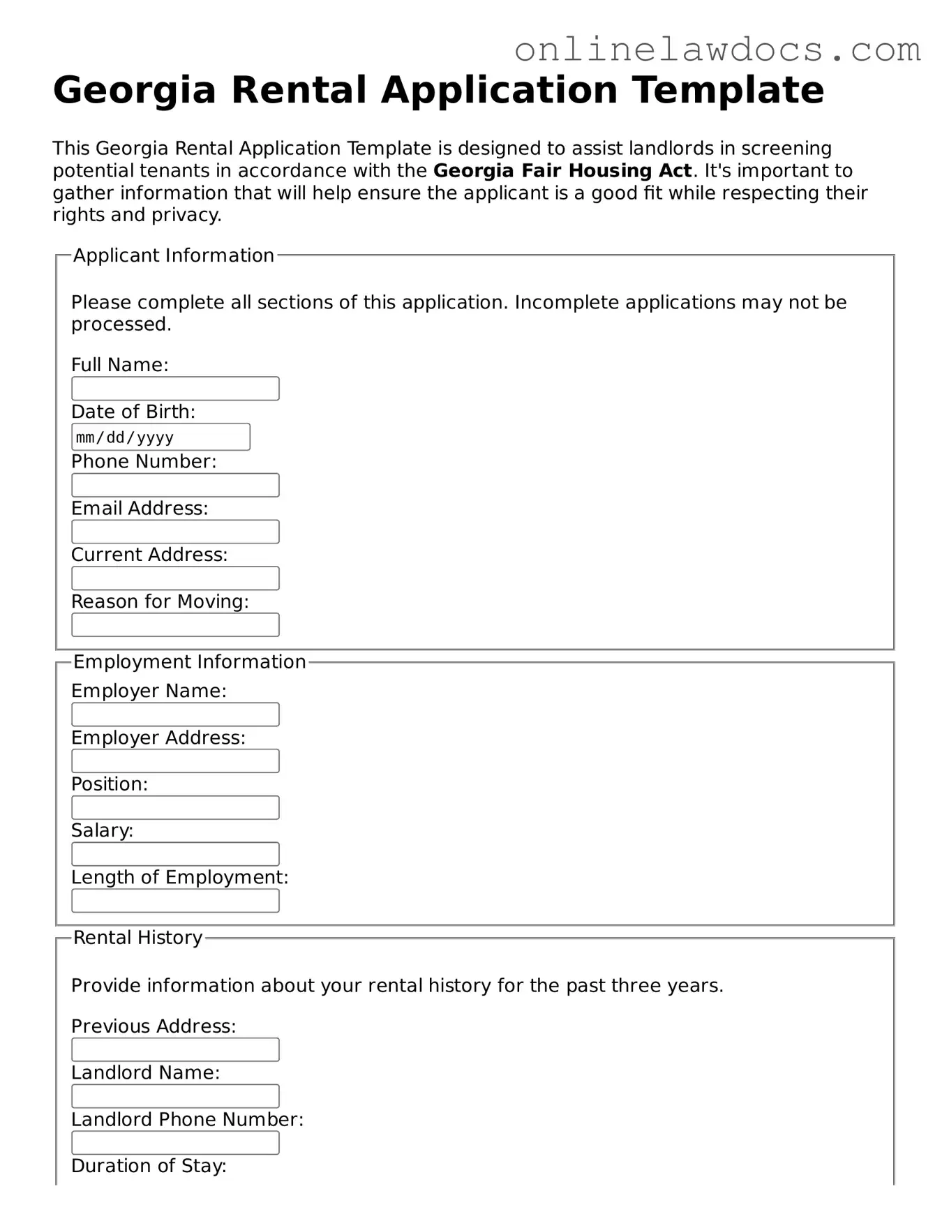 Legal  Rental Application Document for Georgia