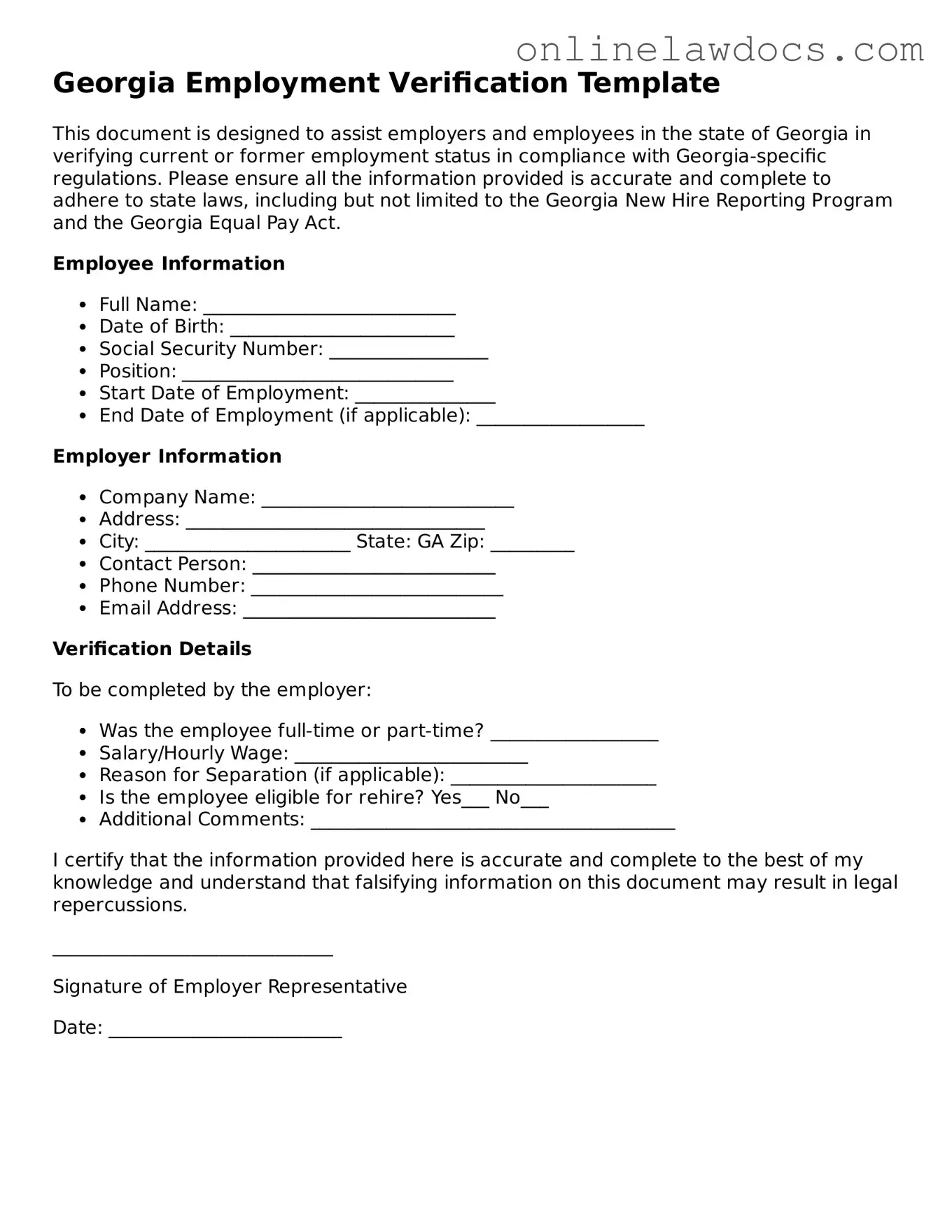 Legal  Employment Verification Document for Georgia