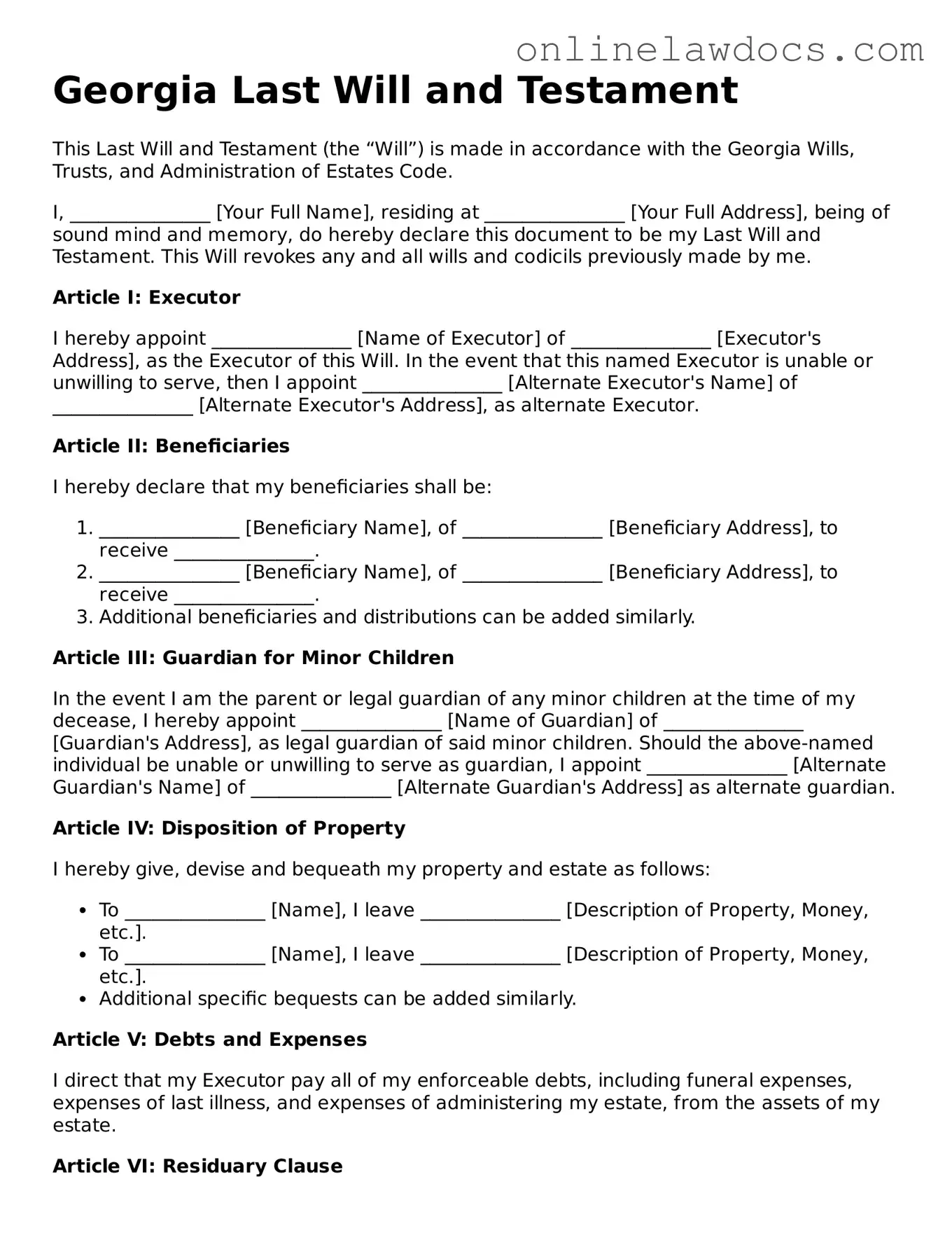 Legal  Last Will and Testament Document for Georgia