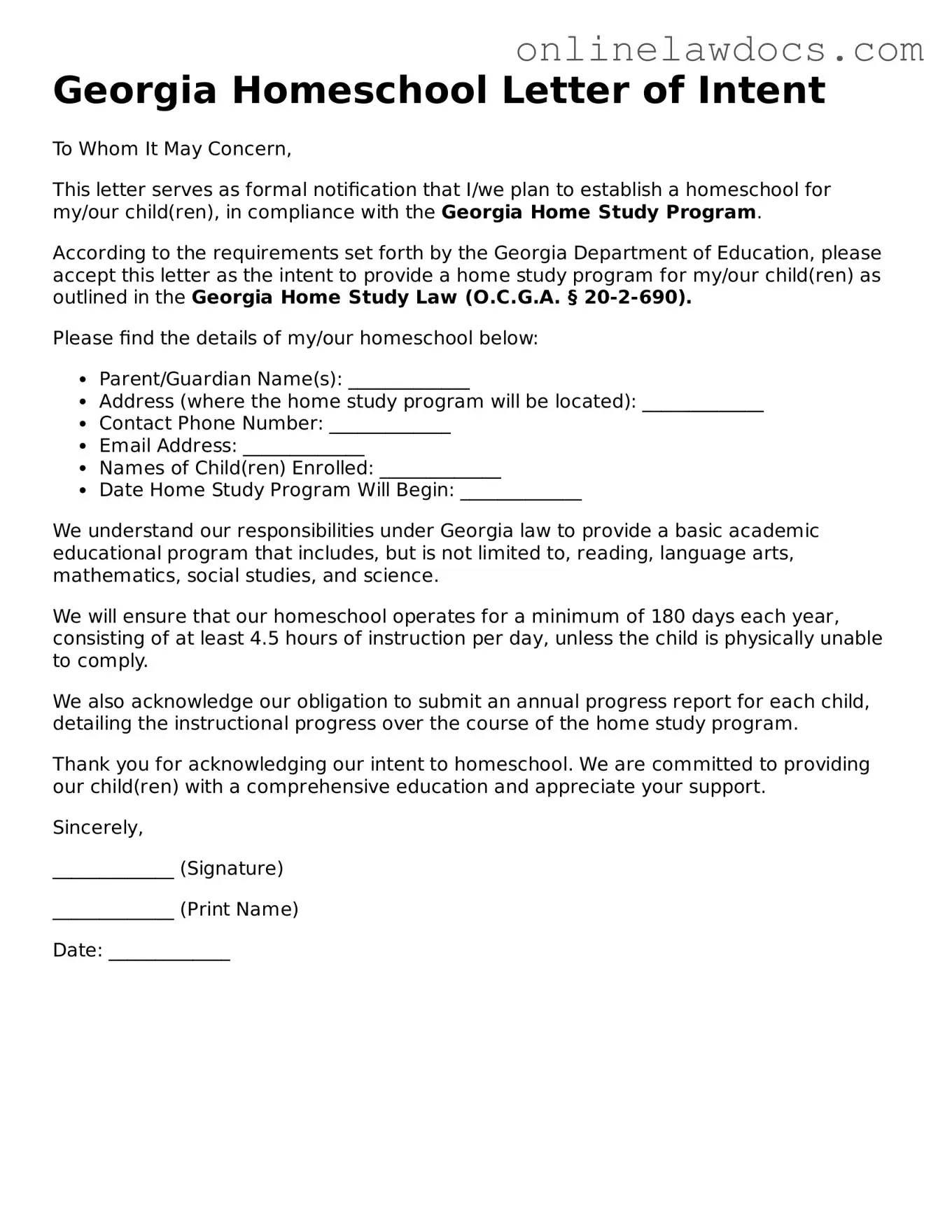 Legal  Homeschool Letter of Intent Document for Georgia