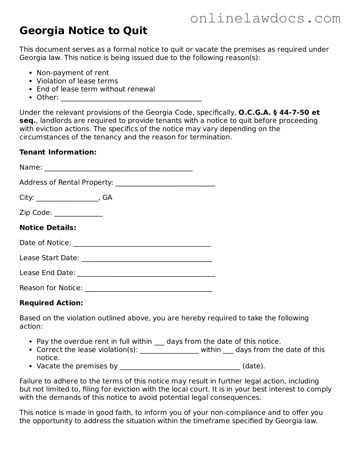 Legal  Notice to Quit Document for Georgia