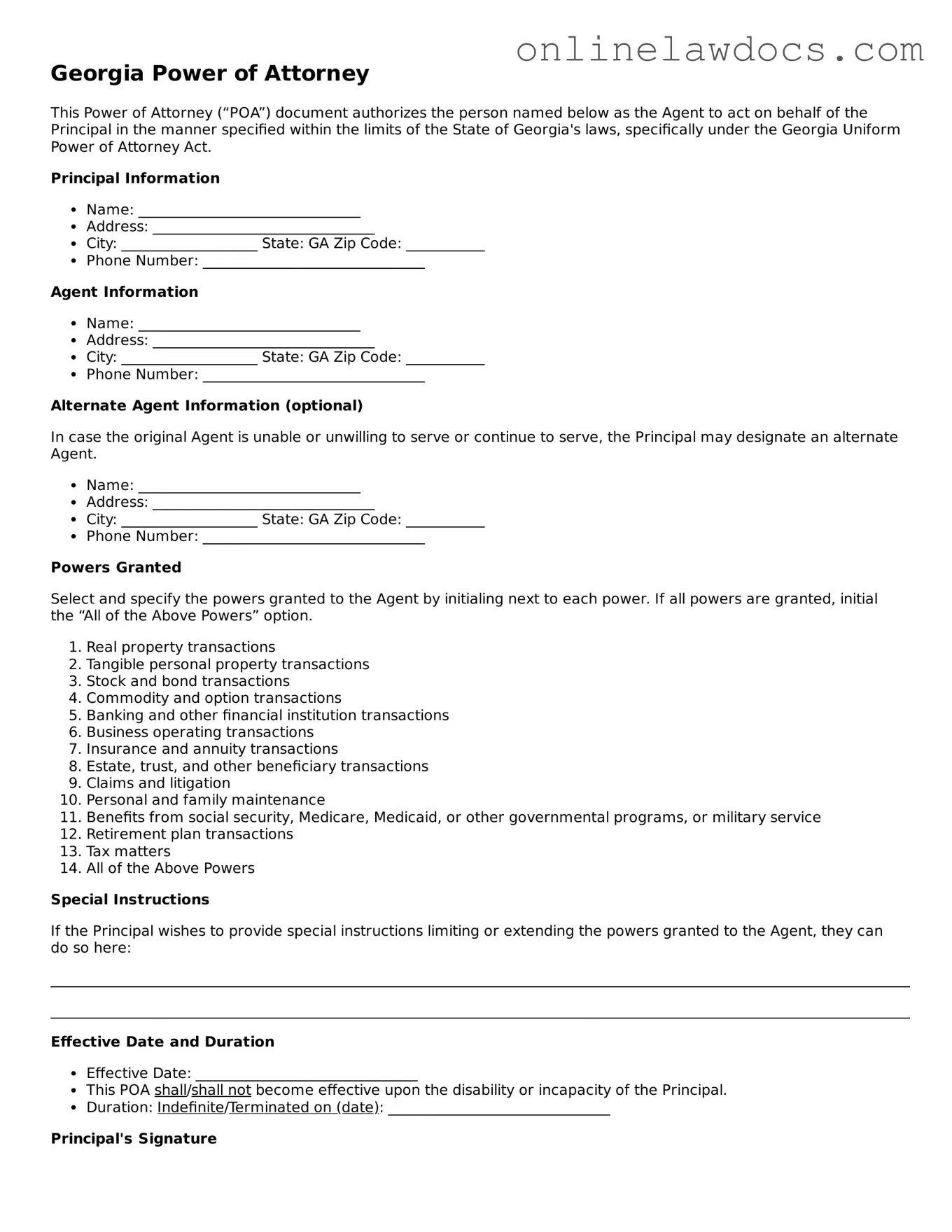 Legal  Power of Attorney Document for Georgia