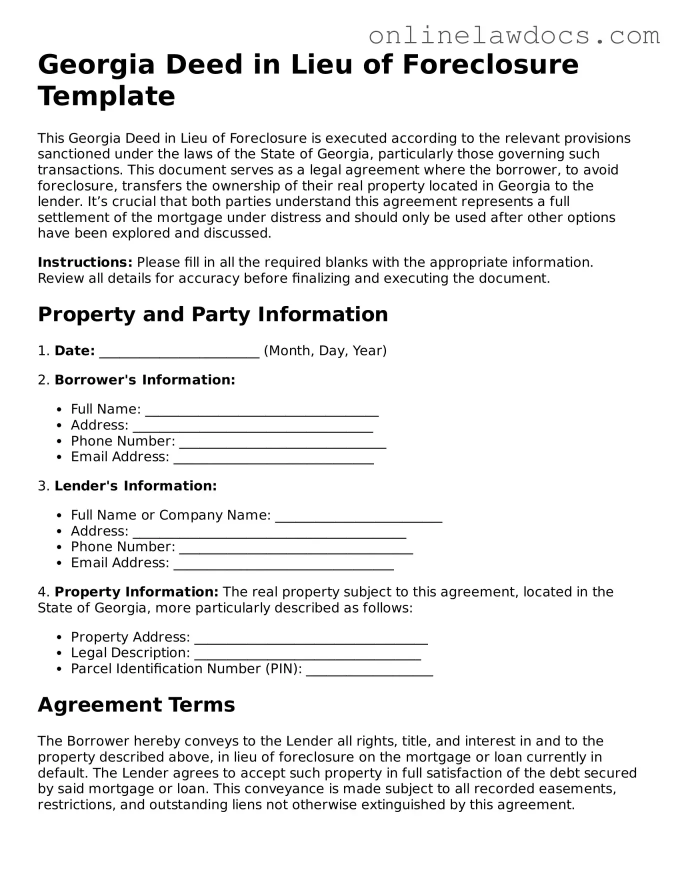 Legal  Deed in Lieu of Foreclosure Document for Georgia