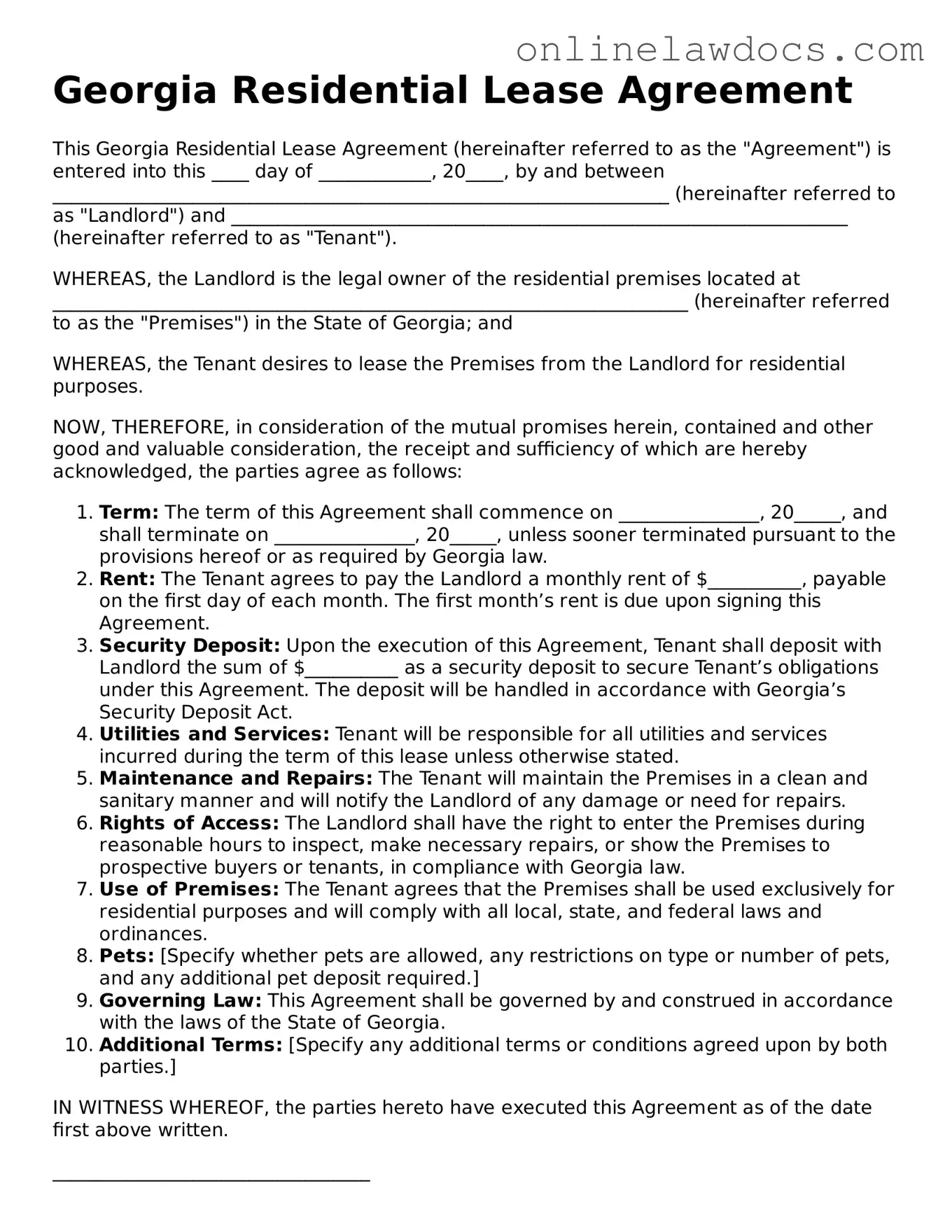 Legal  Residential Lease Agreement Document for Georgia