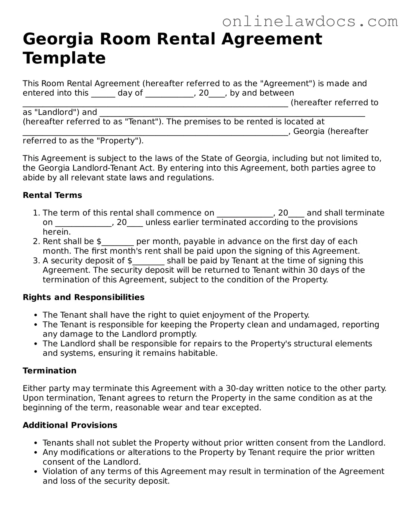 Legal  Room Rental Agreement Document for Georgia