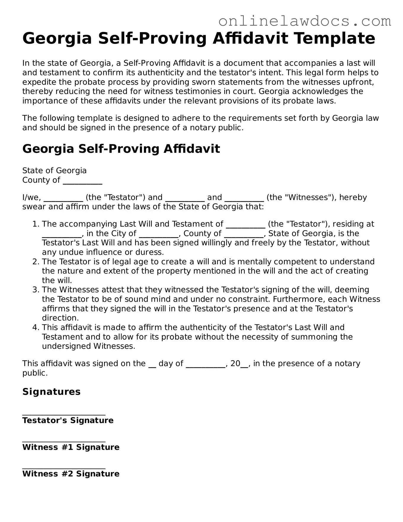 Legal  Self-Proving Affidavit Document for Georgia