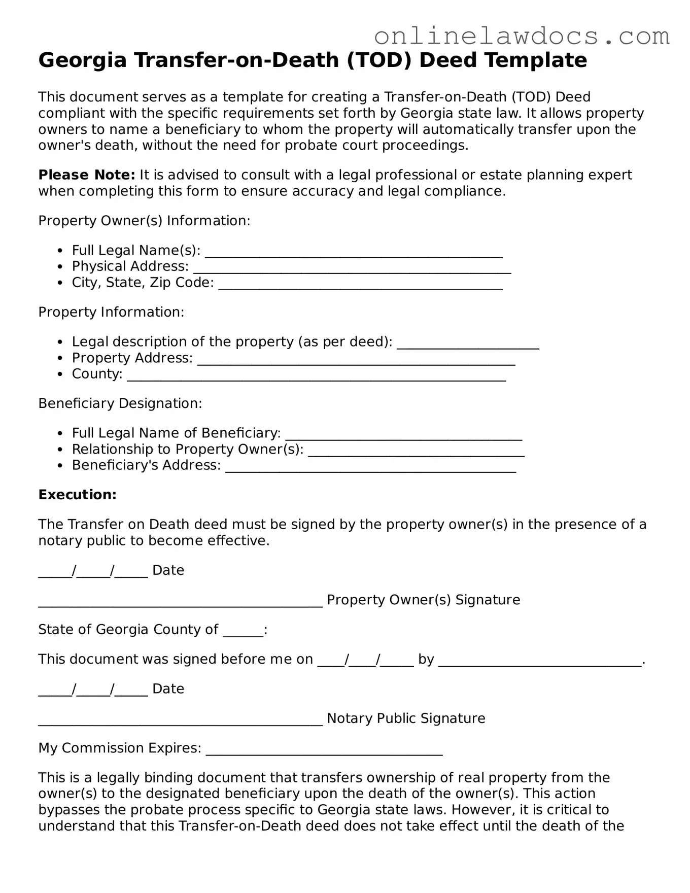 Legal  Transfer-on-Death Deed Document for Georgia