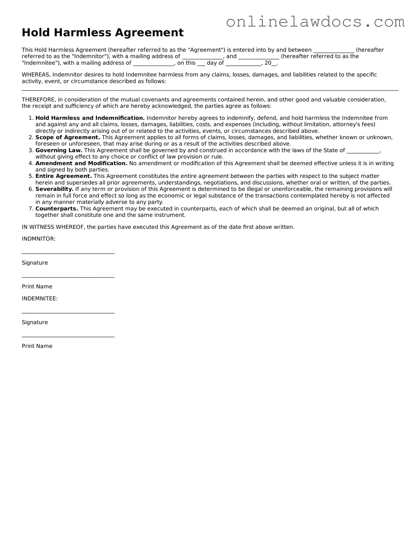 Free Hold Harmless Agreement Document