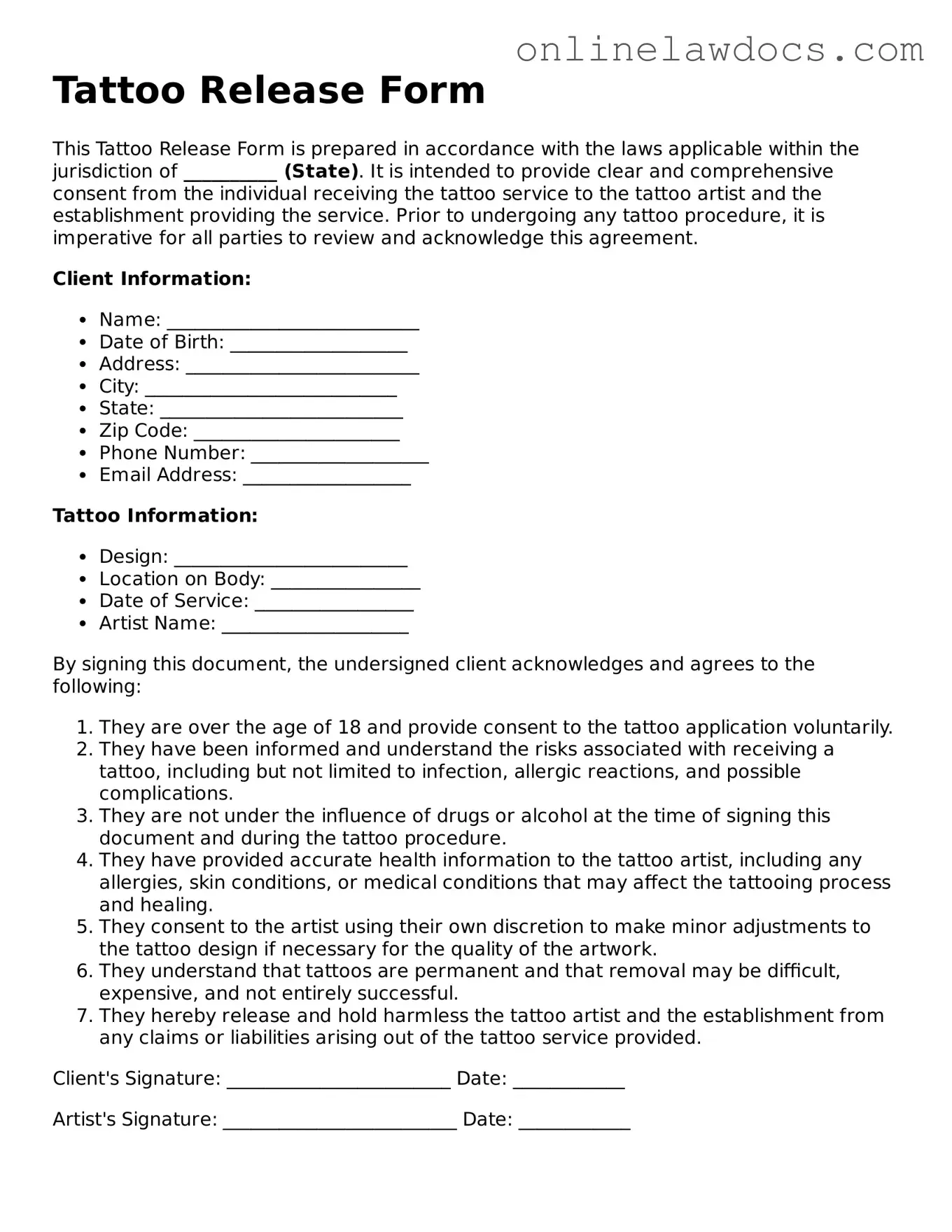 Free Tattoo Release Document