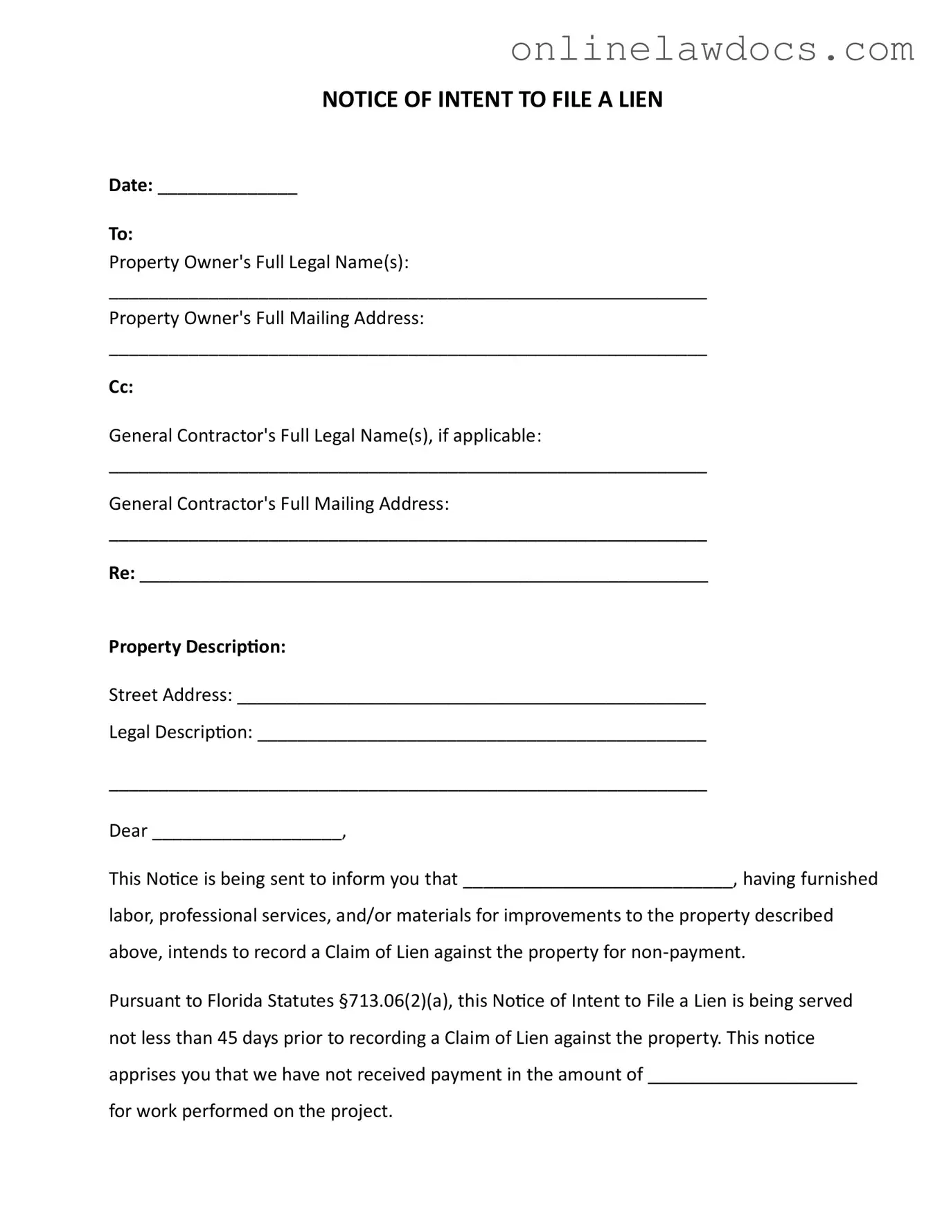 Fill a Valid Intent To Lien Florida Form