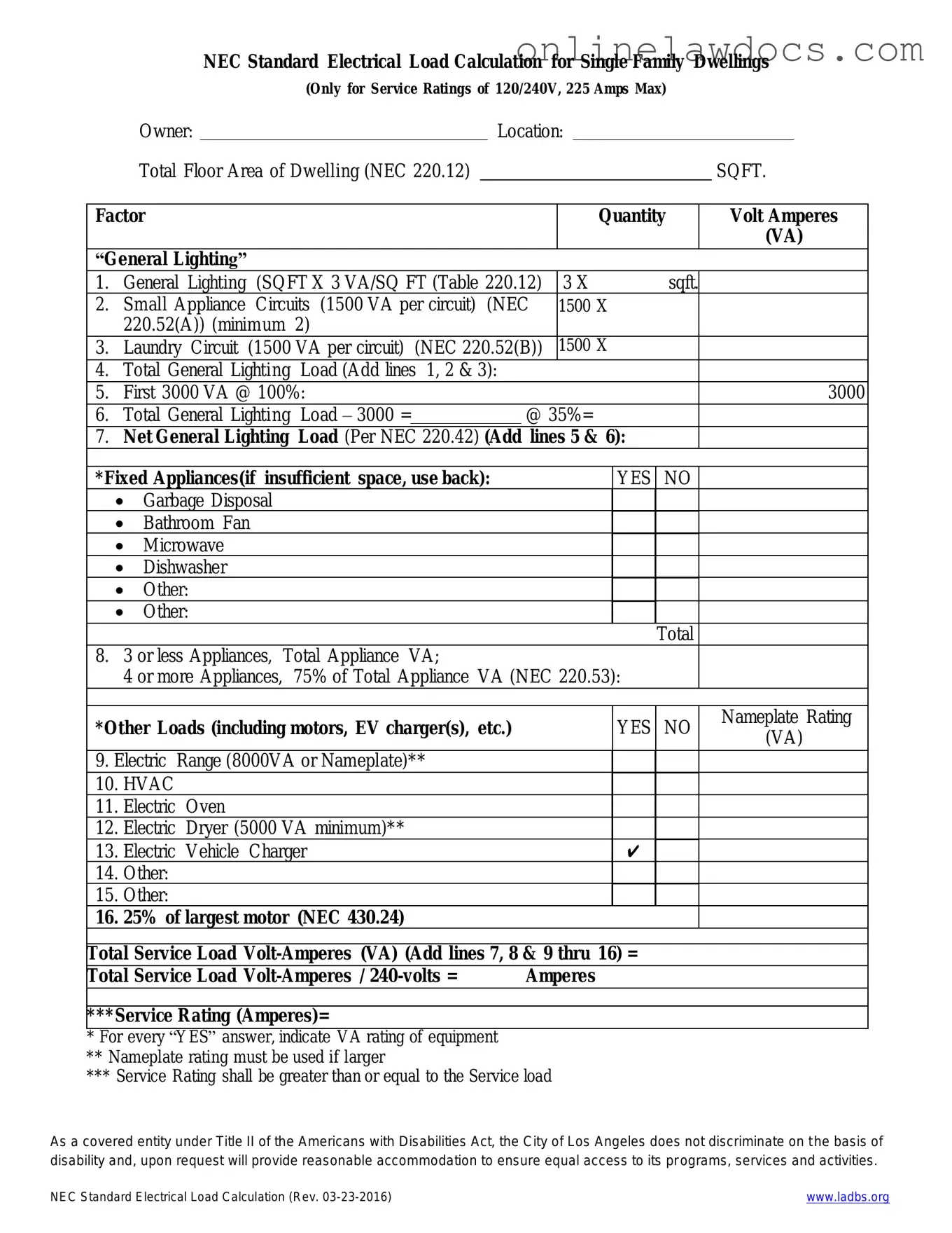 Fill a Valid LADBS NEC Standard Electrical Load Calculation Form