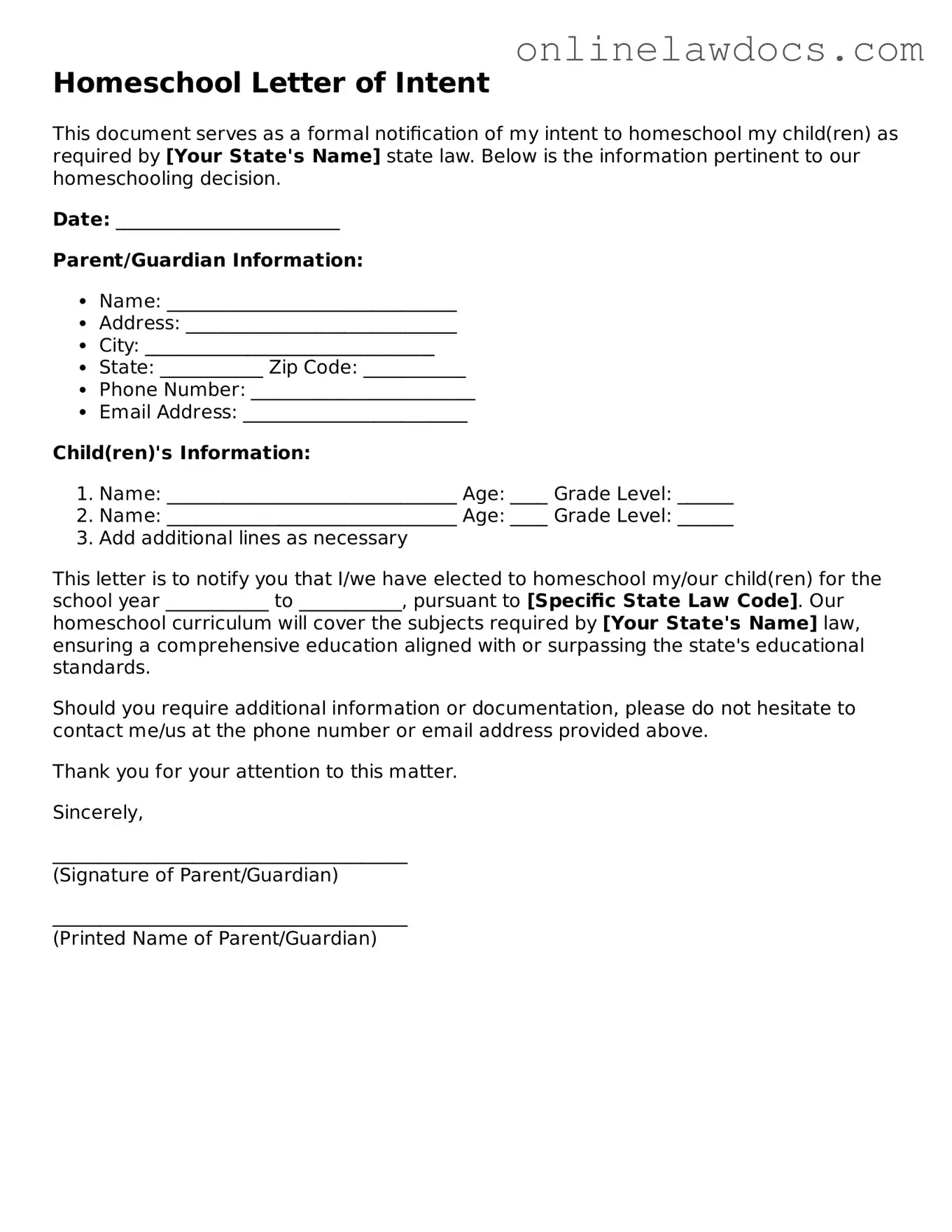 Free Homeschool Letter of Intent Document