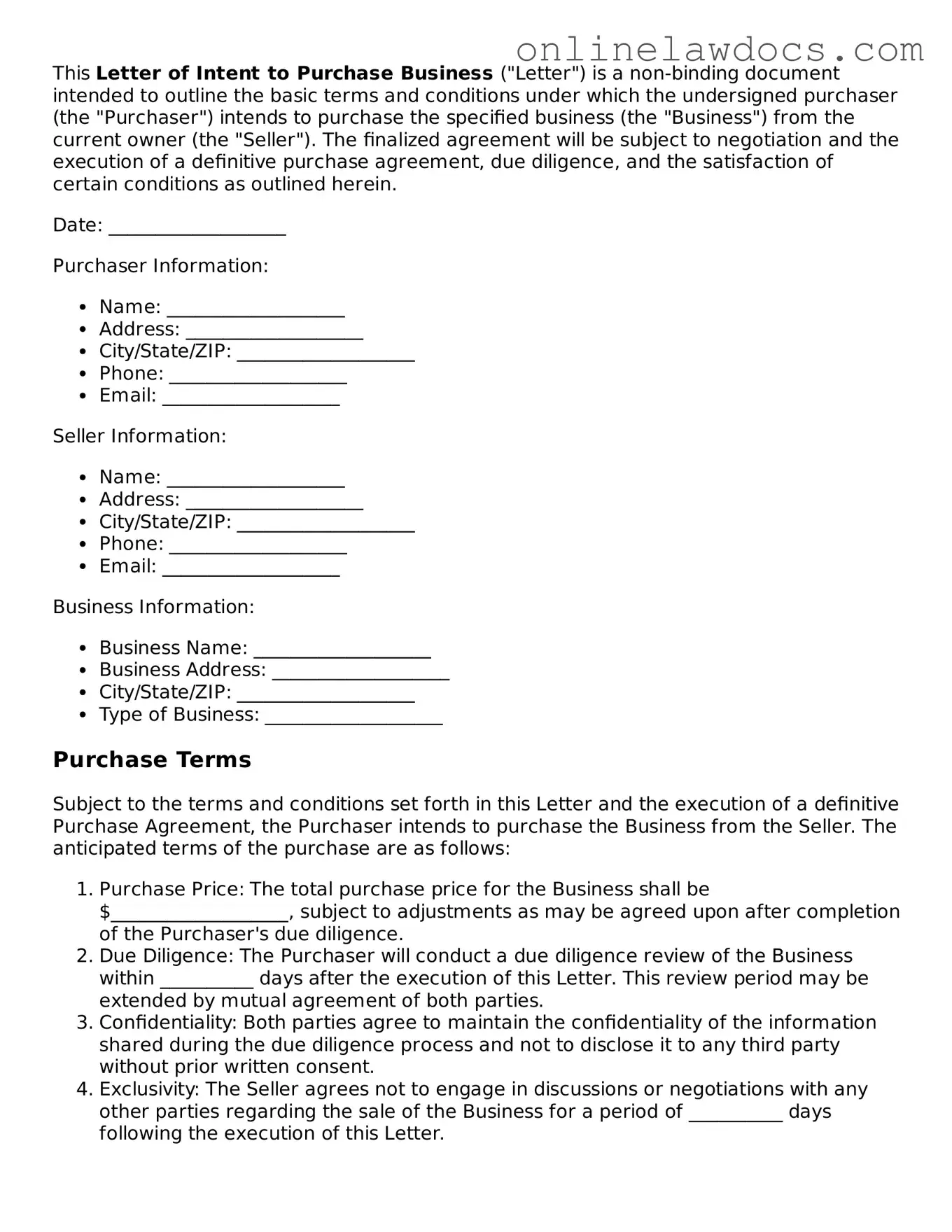Free Letter of Intent to Purchase Business Document
