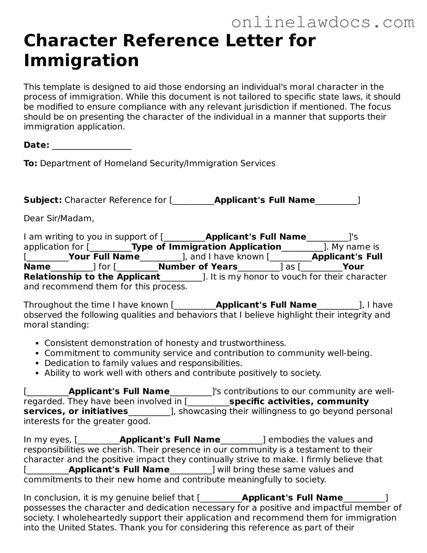 Free Character Reference Letter for Immigration Document