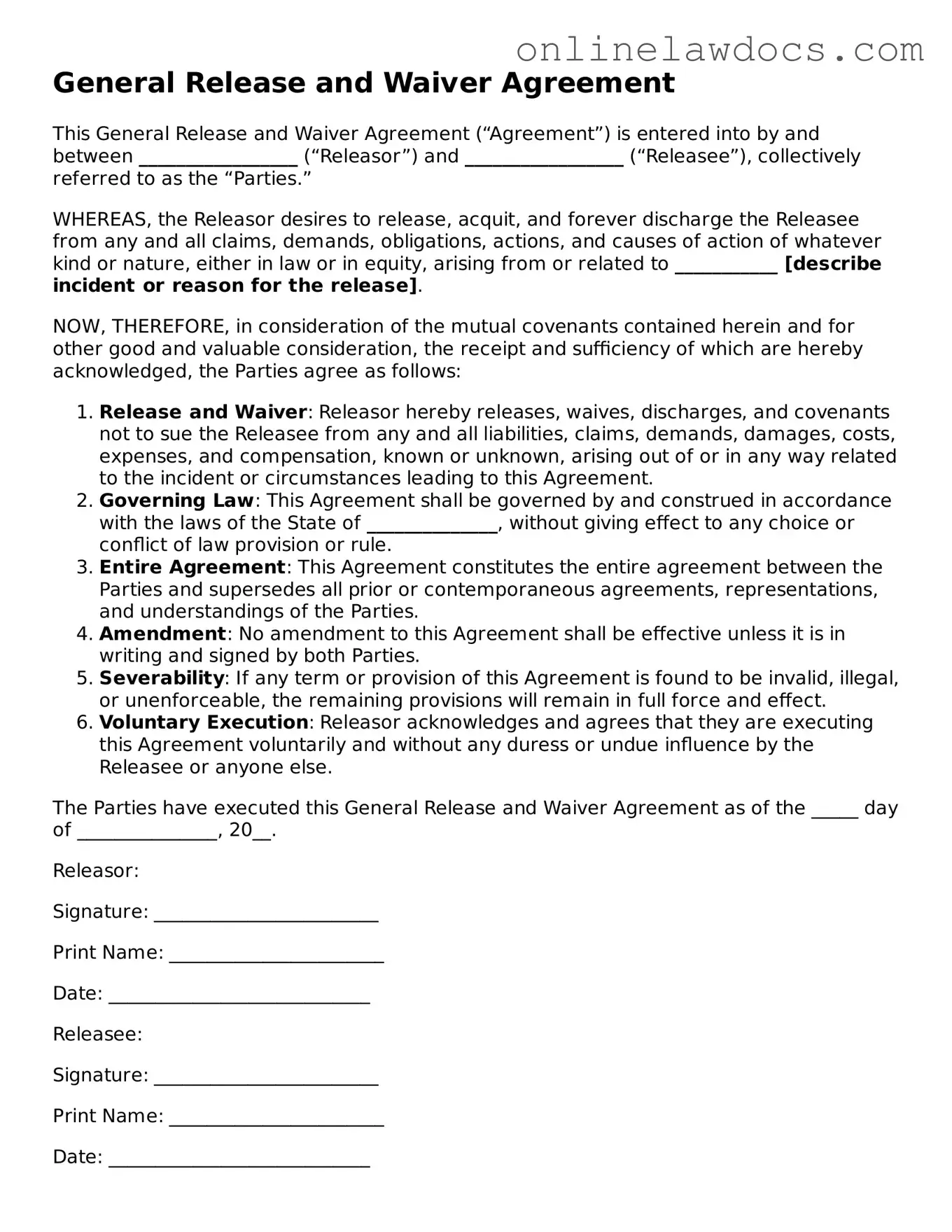 Free General Release and Waiver Document