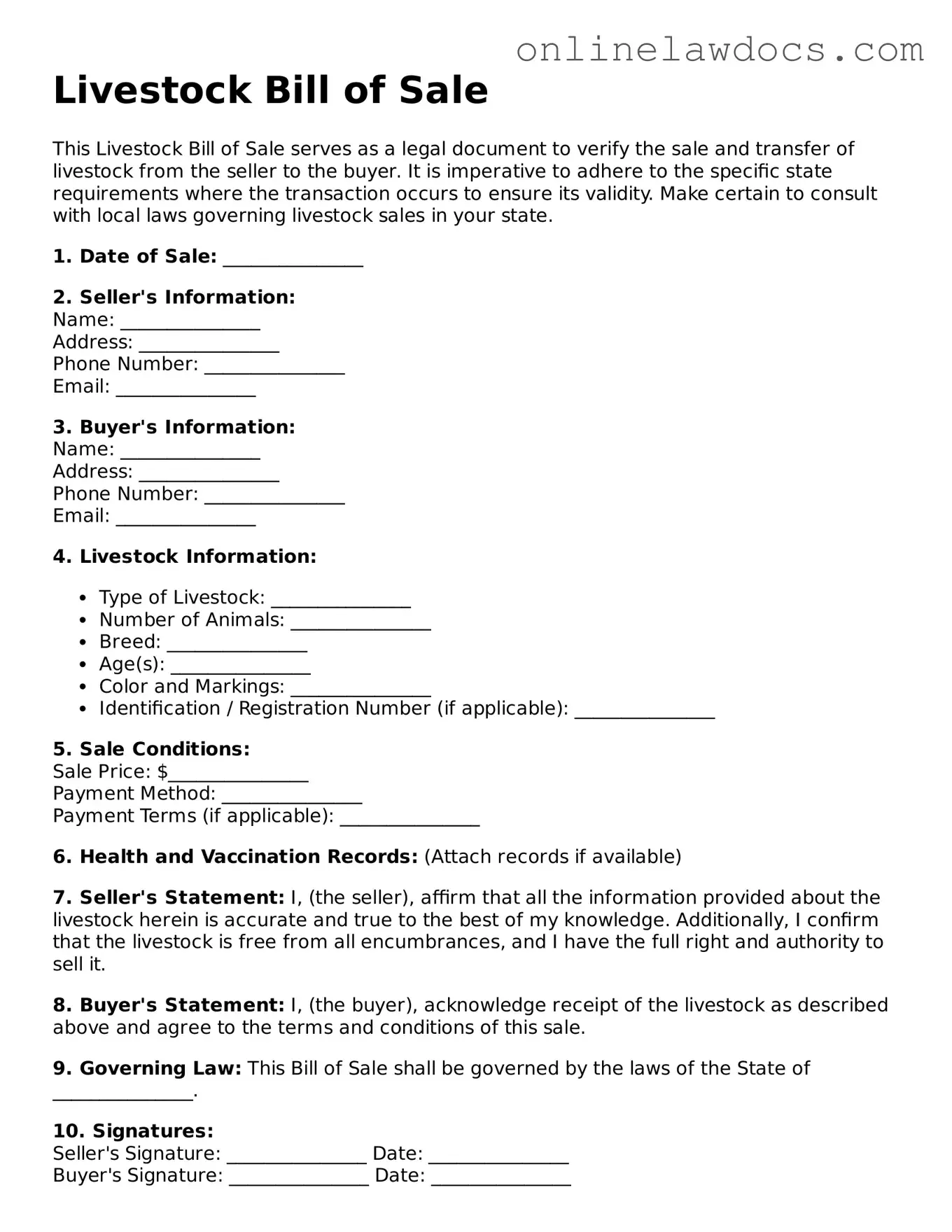 Free Livestock Bill of Sale Document
