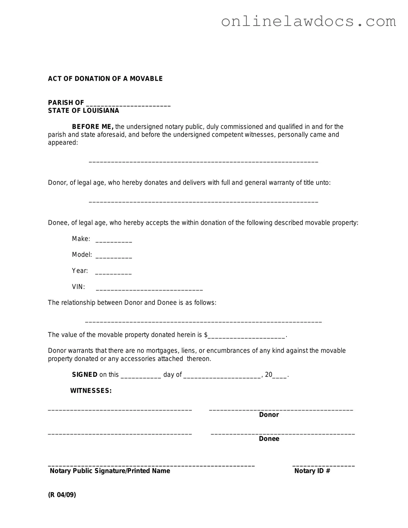 Fill a Valid Louisiana act of donation Form