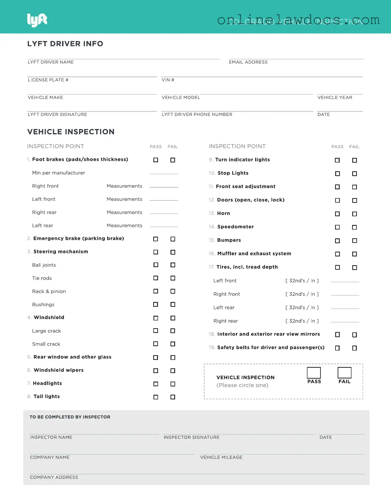 Fill a Valid Lyft Inspection Form