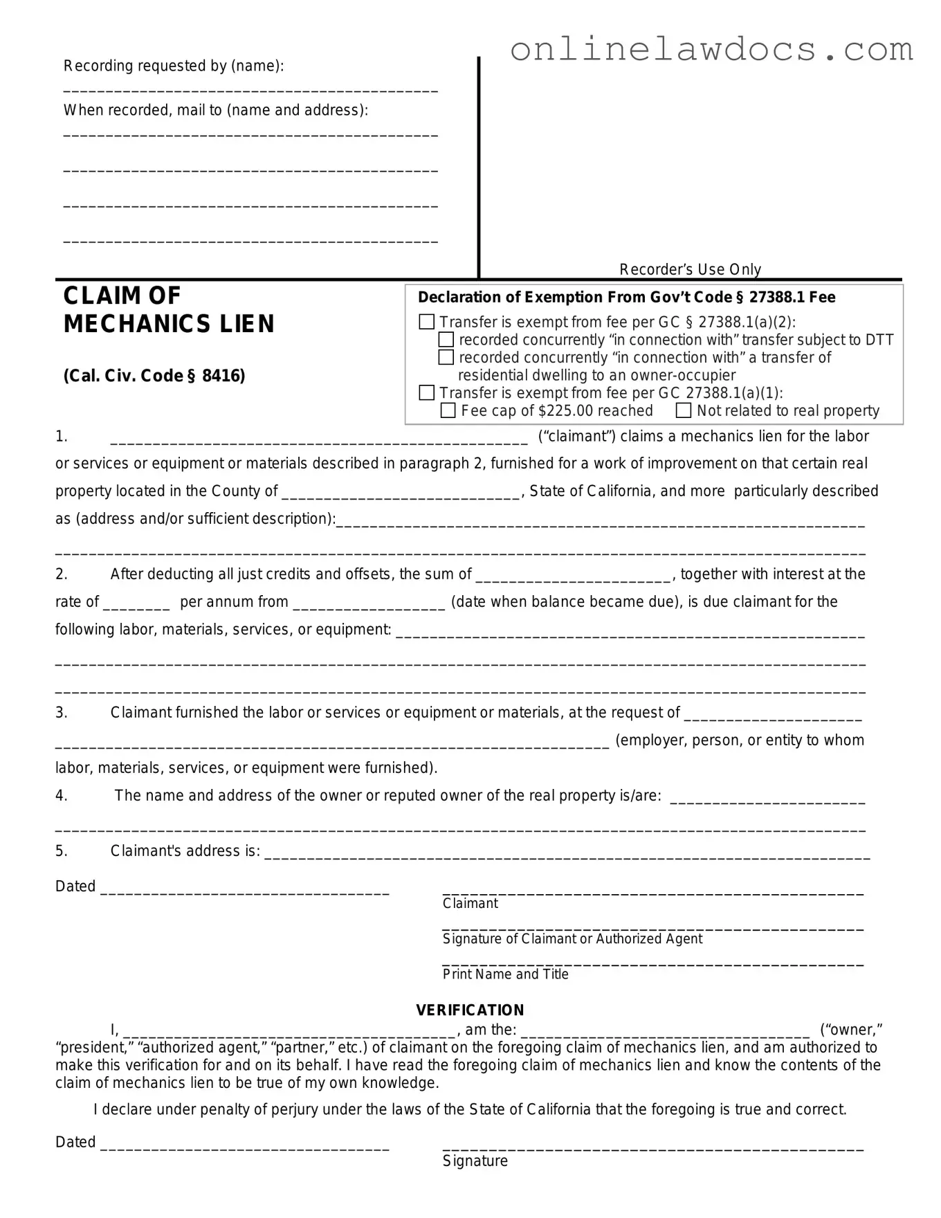 Fill a Valid Mechanics Lien California Form
