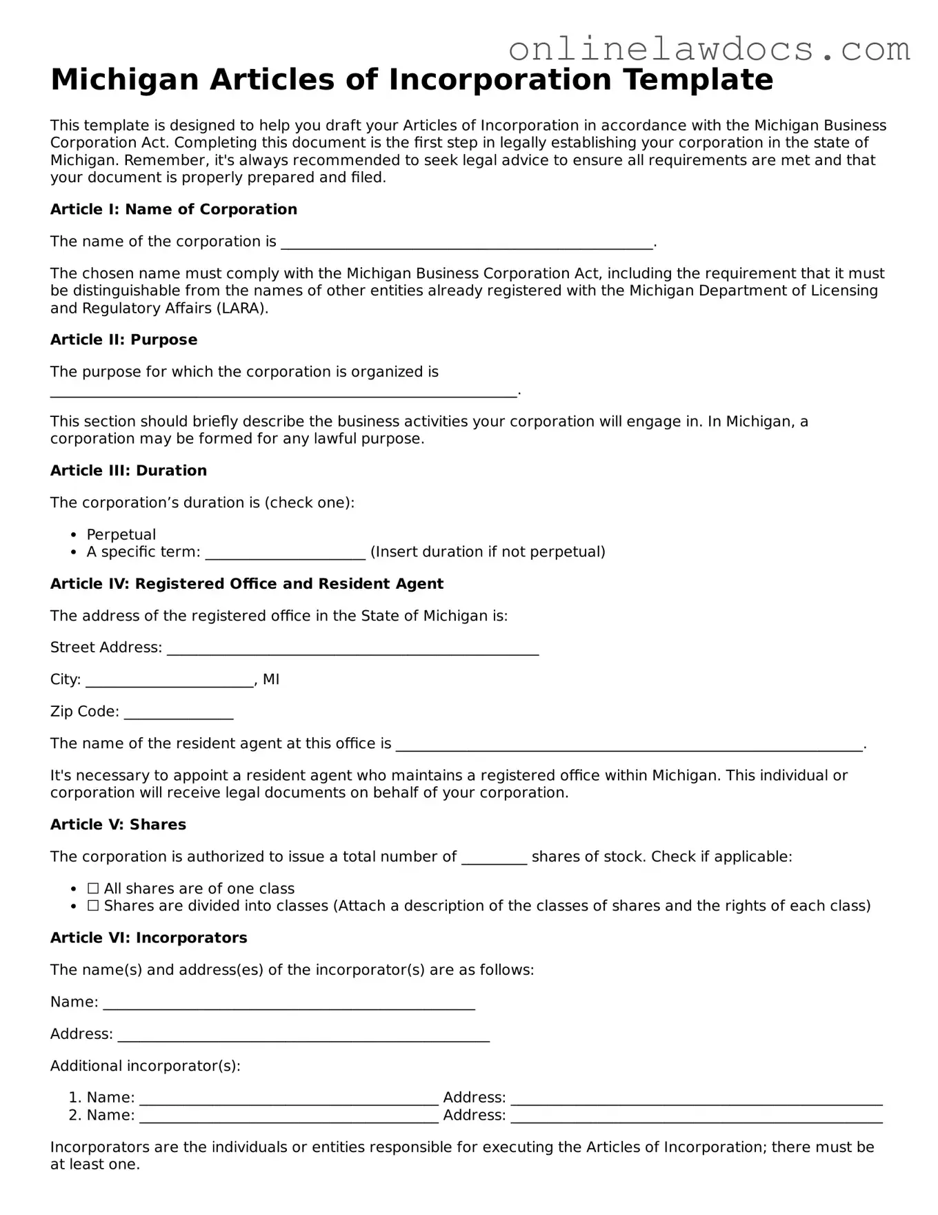 Legal  Articles of Incorporation Document for Michigan