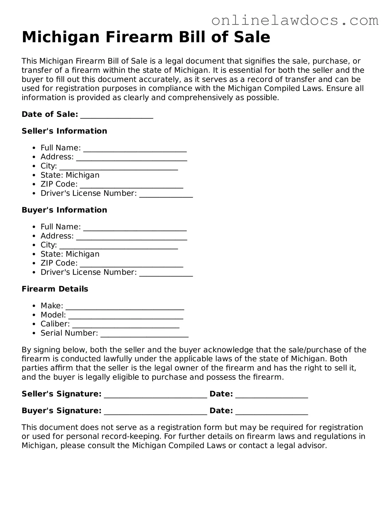 Legal  Firearm Bill of Sale Document for Michigan